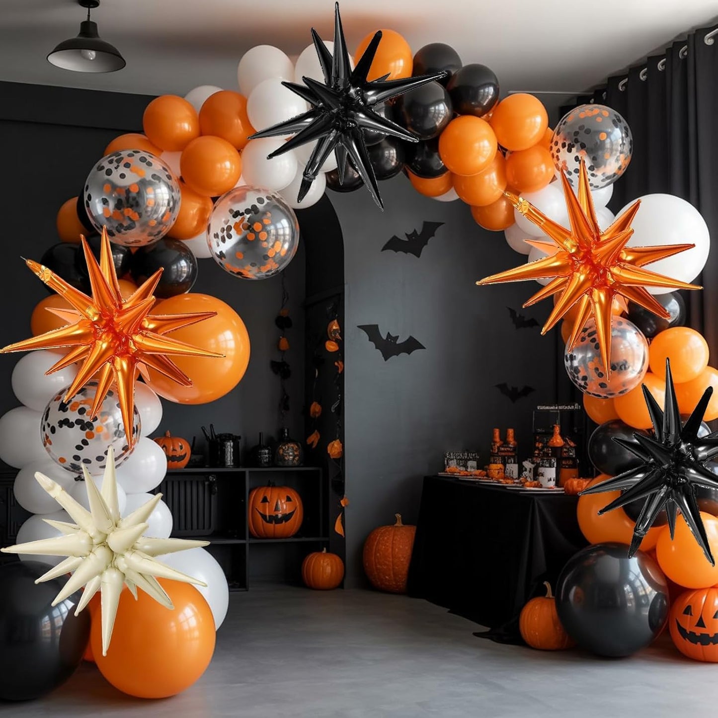Black White Orange Star Balloons,9Pcs 22Inch Sand White Orange Explosion Spike Cone Helium Polyester Film Star Foil Balloons for Halloween Birthday Anniversary Baby Shower Party Decorations