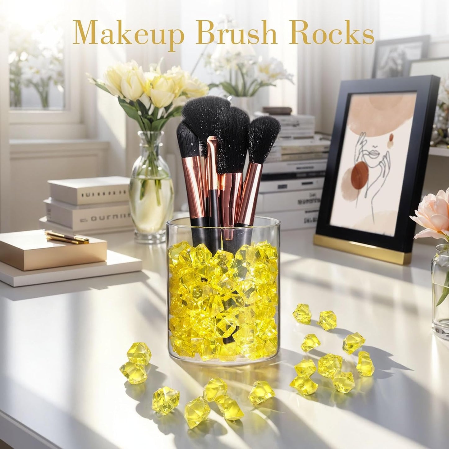 DomeStar Yellow Fake Ice Rocks, 150PCS Acrylic Gems Crystals Plastic Diamonds Fake Ice Cubes for Vase Fillers DIY Craft Wedding Photography Prop Display Table Scatter Home Amalfi Coast Decorations