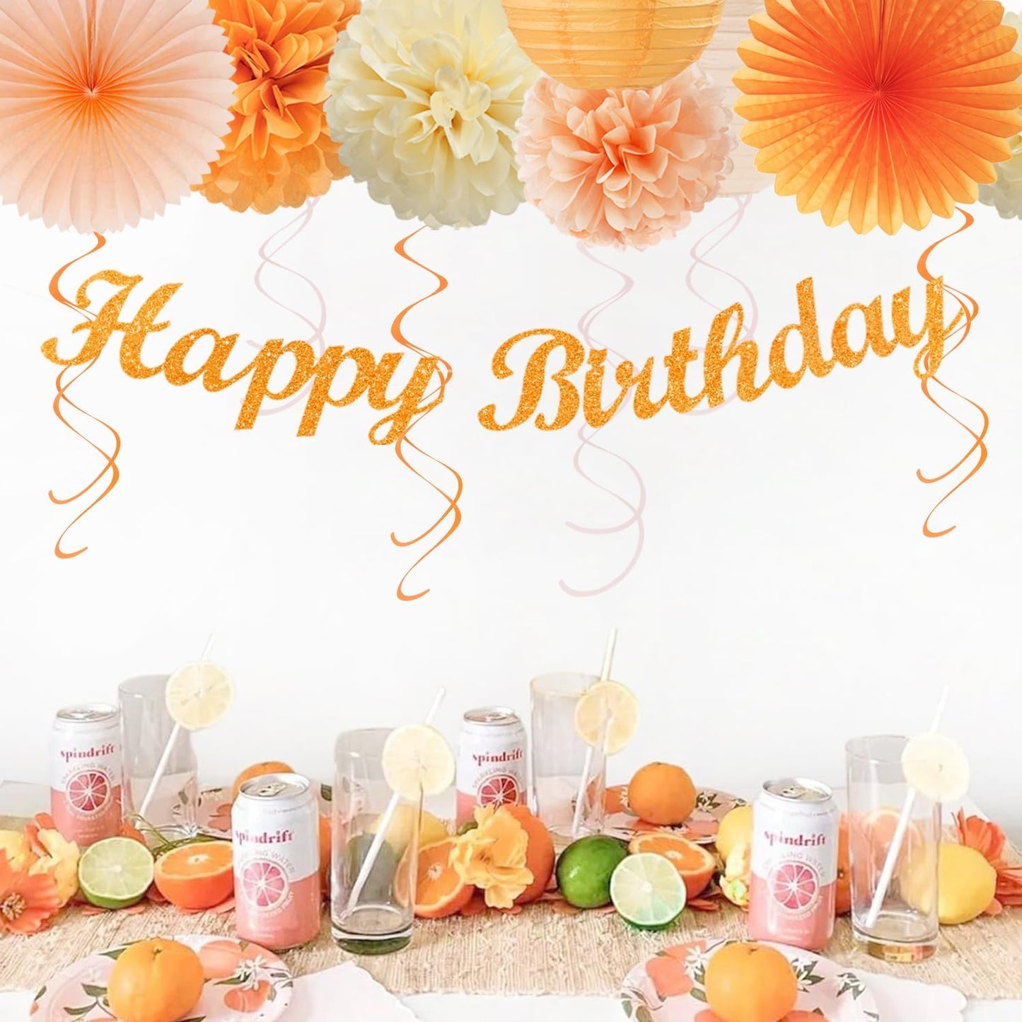 Orange-Peach Beige First Happy-Birthday Party-Decorations - 31pcs 20th Women Girls Bohemian Groovy Paper Lanterns Streamers Banner,Tissue Pom Poms Decor,Fall Boho Fans Tassels Graland Backdrop Hugmoon