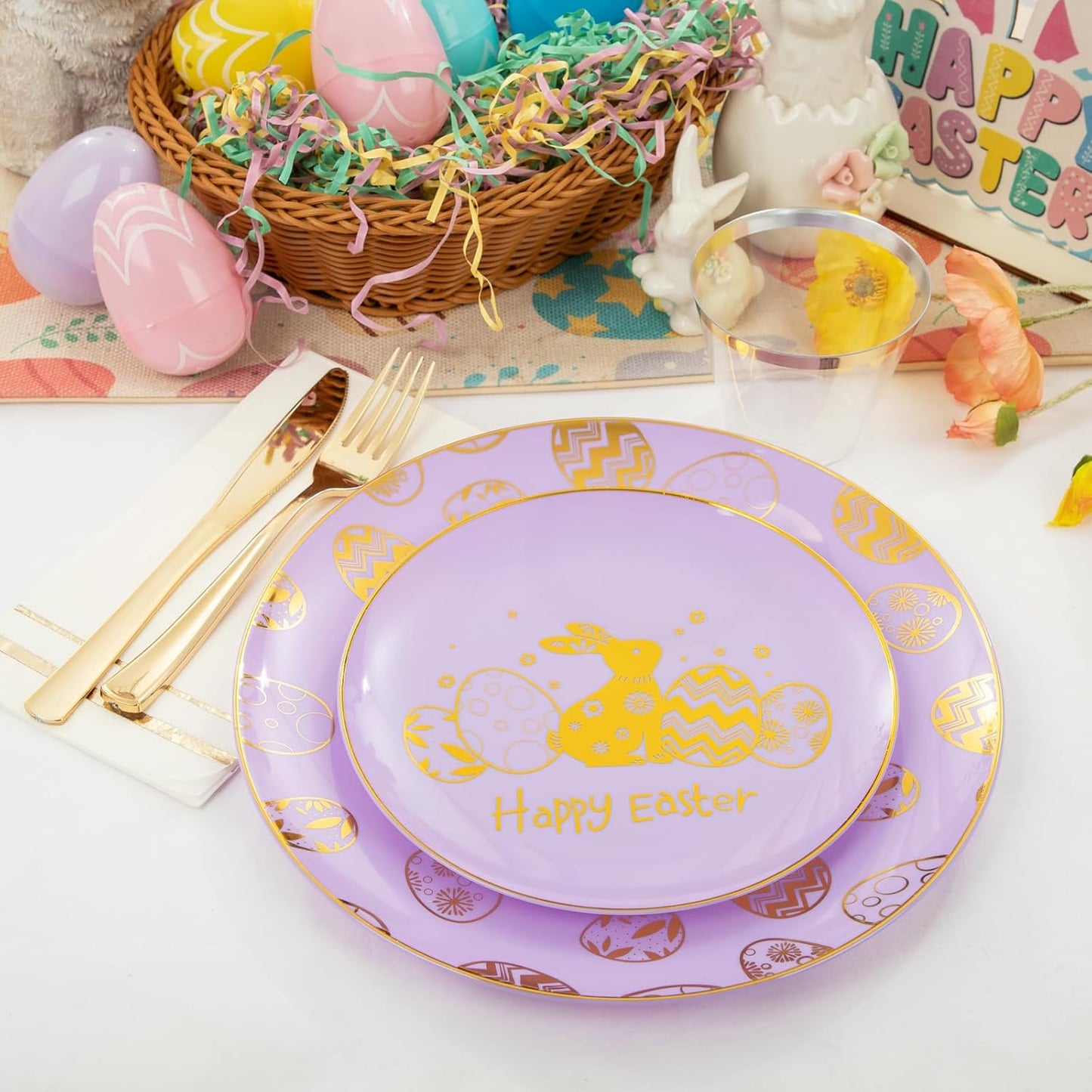 Festiva 175Pcs Easter Plates and Napkins Disposable - Purple and Gold Plastic Dinnerware Set for 50 guests include 50 Plates 25Cups 25Plastic Silverware 25Napkins Perfect for Easter Party