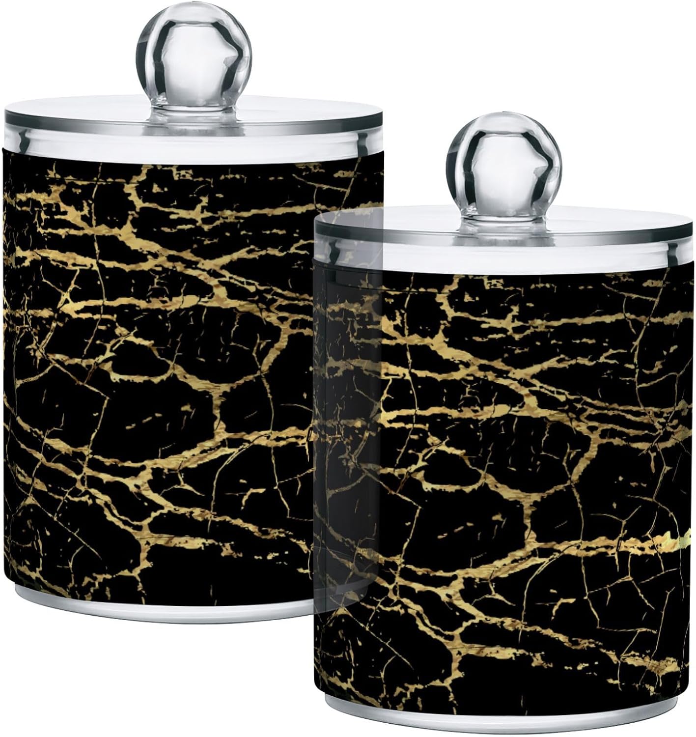 Qtip Holder Dispenser 2 Pack Gold Black Marbling Bathroom Decorative Storage Canister Holder Counter Vanity Organizer for Cotton Ball Swabs Pads Floss