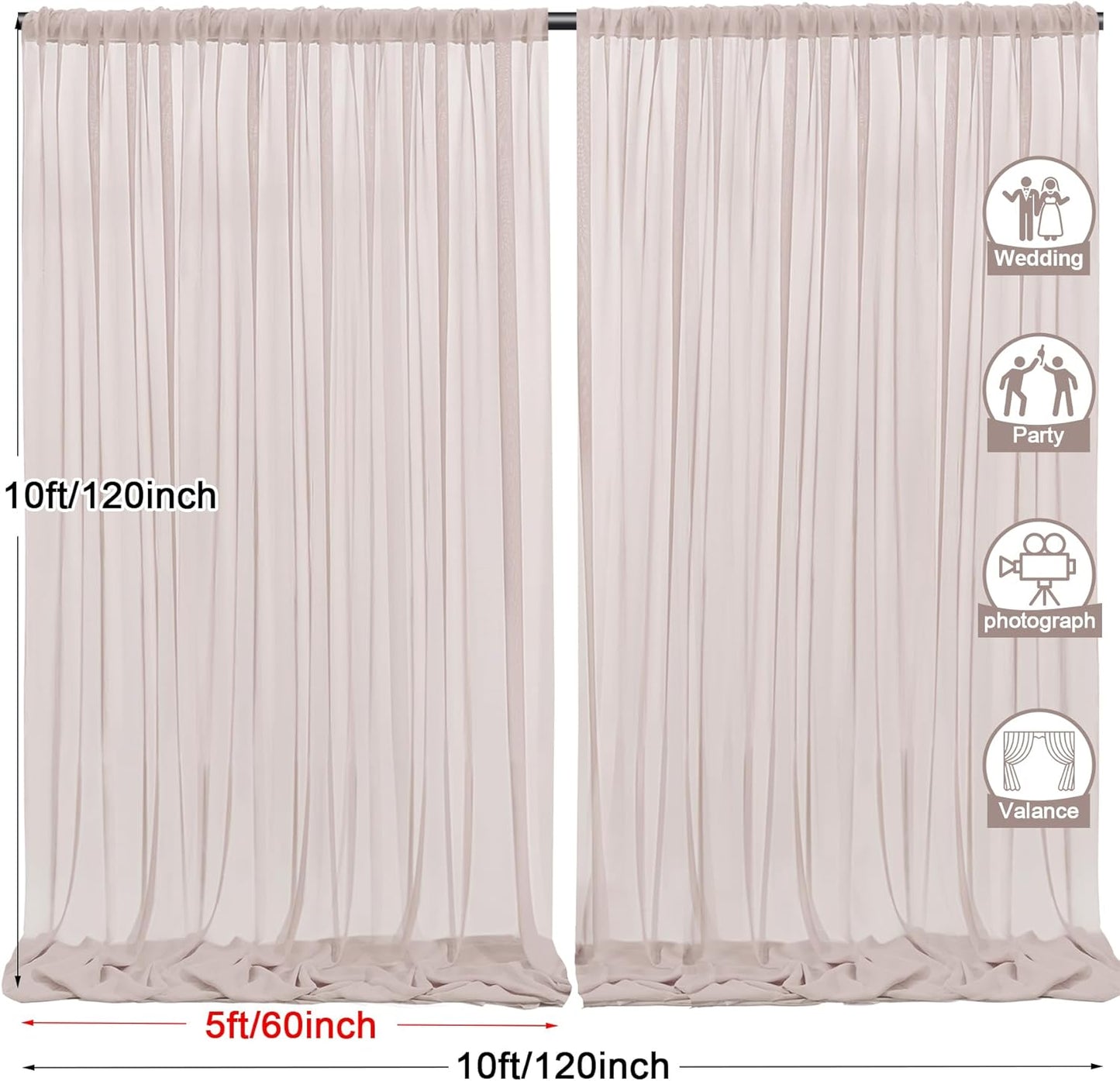 PARTISKY 10ftx10ft Taupe Chiffon Sheer Backdrop Curtains, Wrinkle-Free Wedding Backdrop Drapes for Birthday Party Ceremony Arch Stage Decor Background for Photography 5ft x 10ft,2 Panels