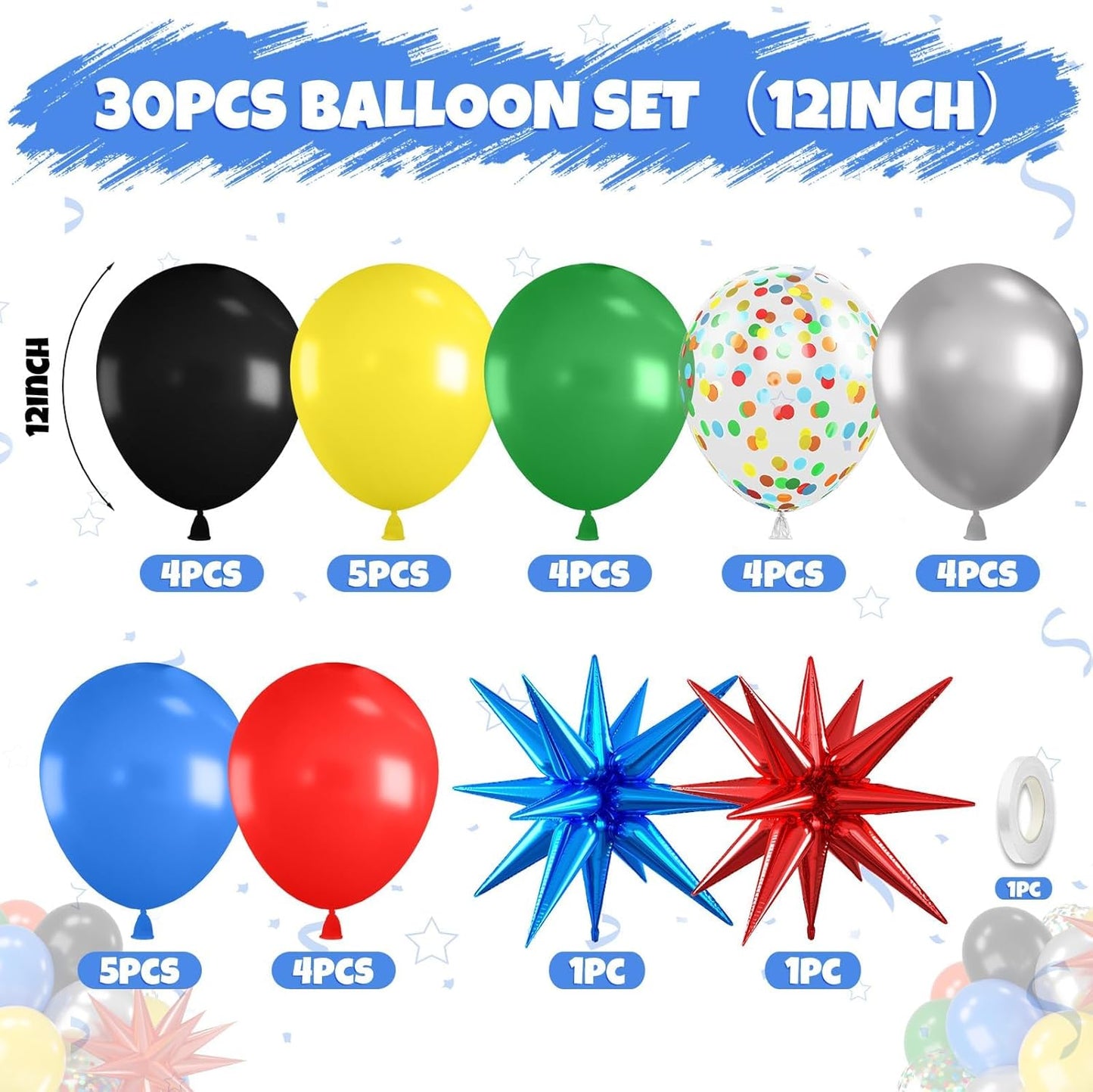 Black and Red Yellow Blue Balloons, 12 Inch Black Red Yellow Blue Green Metallic Silver Confetti Balloons with Star Foil Balloon for Boys Graduation Birthday Baby Shower Party Decorations