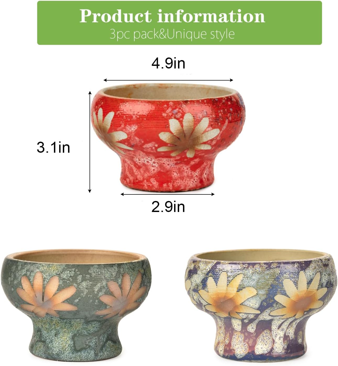 Sungmor Small Succulent Planters Set of 3, Beautiful Hand Crafted Ceramic Plant Pots Cute Cactus Pot, 4.9 Inch Flower Pots for Indoor Plants with Drainage, Desktop Windowsill Home Office Decor Pots