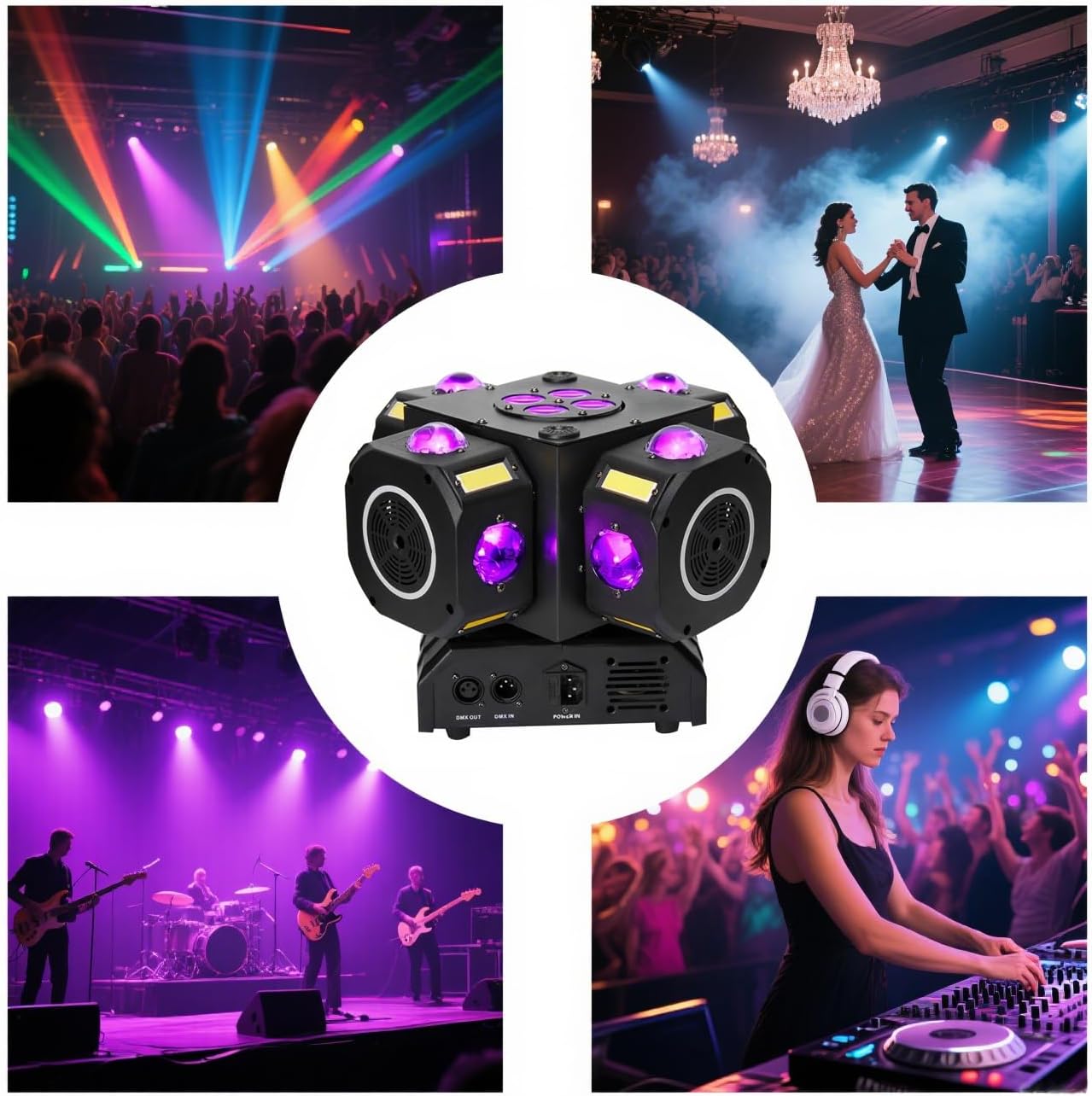 Moving Head DJ Lights 180W LED with 4 Rotating Head,16X10W RGBW 4-in-1 Multiple Effects Changing，21CH DMX-512/Sound Activated for Christmas KTV Wedding