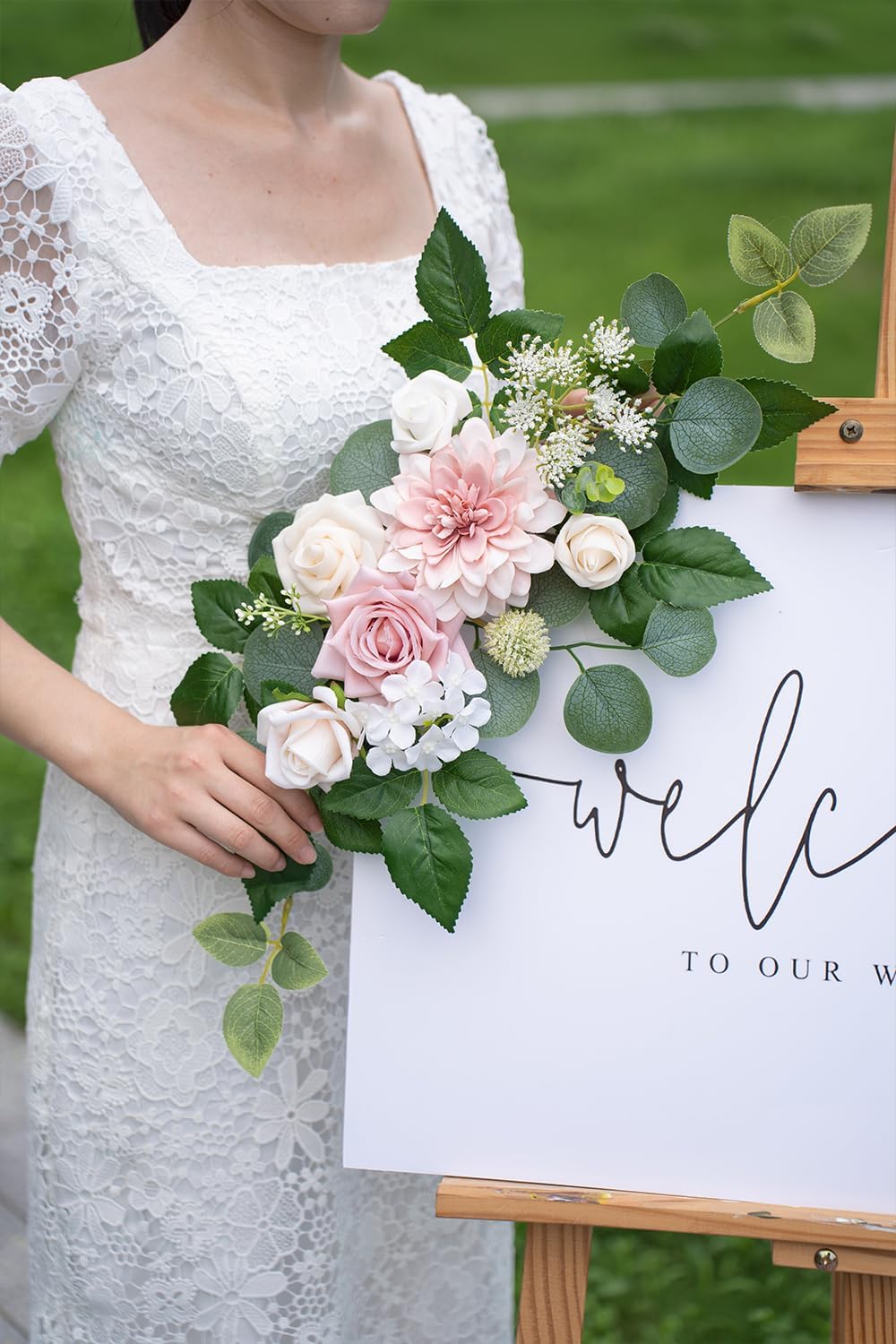 WEIERYUE(Pack of 2) Artificial Flowers Decorations,Artificial Arch Backdrop Garlandfor Ceremony Party Reception Entrance Welcome Easel Door Floral Decor Wall Home Entryway Outdoor(Ash Powder)