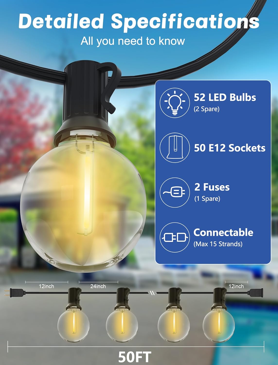 SUNSGNE Outdoor String Lights, 50FT Outdoor Globe Light with 52 G40 Shatterproof LED Bulbs(2 Spare), String Lights for Outside Patio Porch Garden Backyard Balcony Deck Decor, E12 Sockets