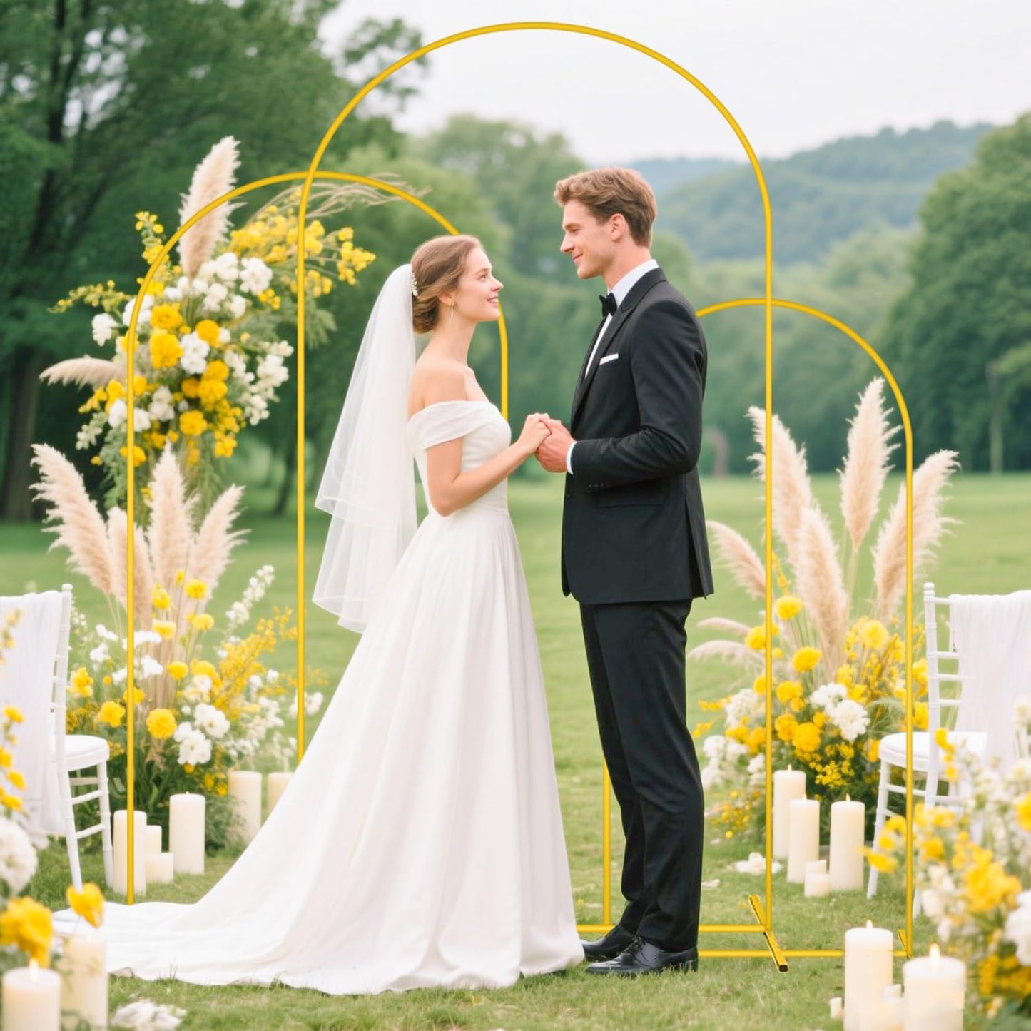 MODFUNS Arch Backdrop Stand and Cover Set 4&5&6ft Gold Arch Stand Royal Blue Arches Backdrop Cover Metal Weddding Arched Frame with Covers for Wedding Party Baby Shower Event Decor