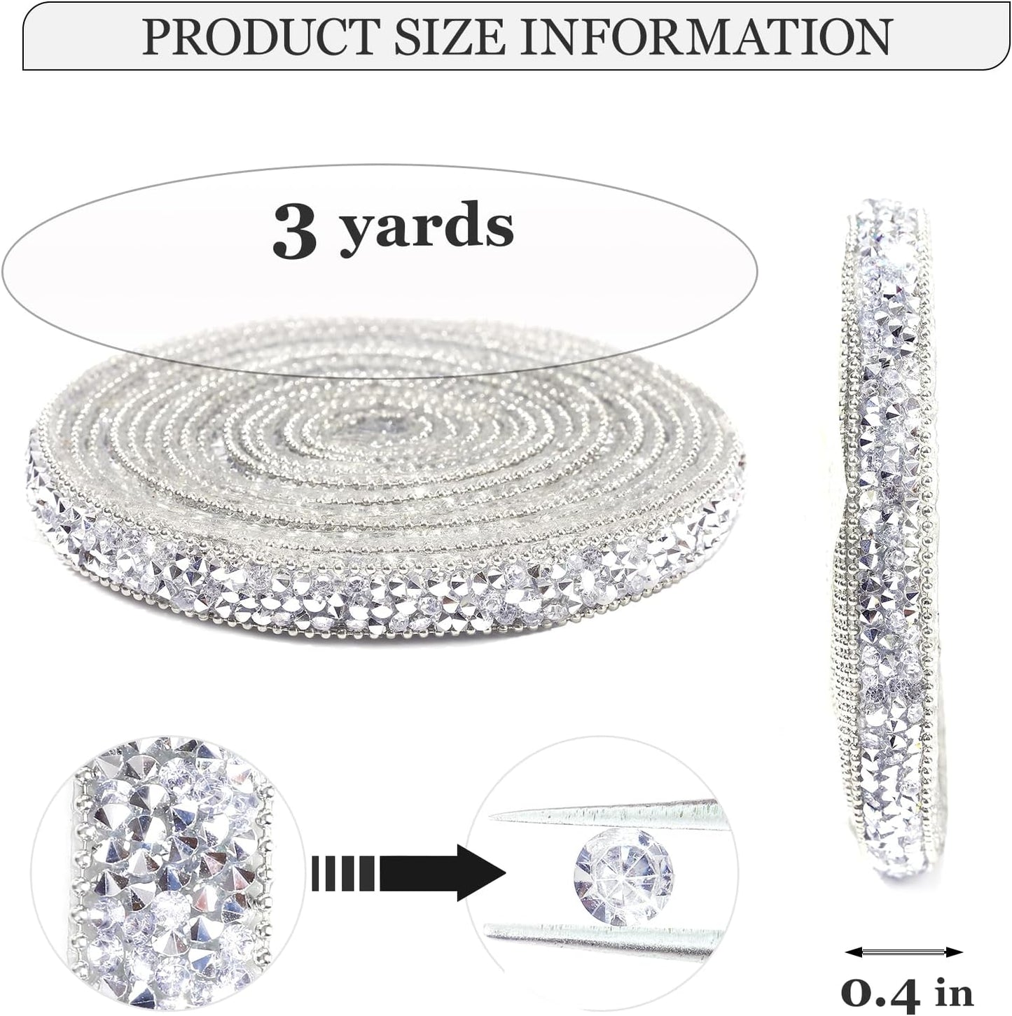 Rhinestone Ribbon 3 Yards Self Adhesive Rhinestone Strips Diamond Ribbon Sticker Crystal Roll Glitter Bling Rhinestones Tape for Crafting DIY Art Decoration (Silver,0.4 Inch)