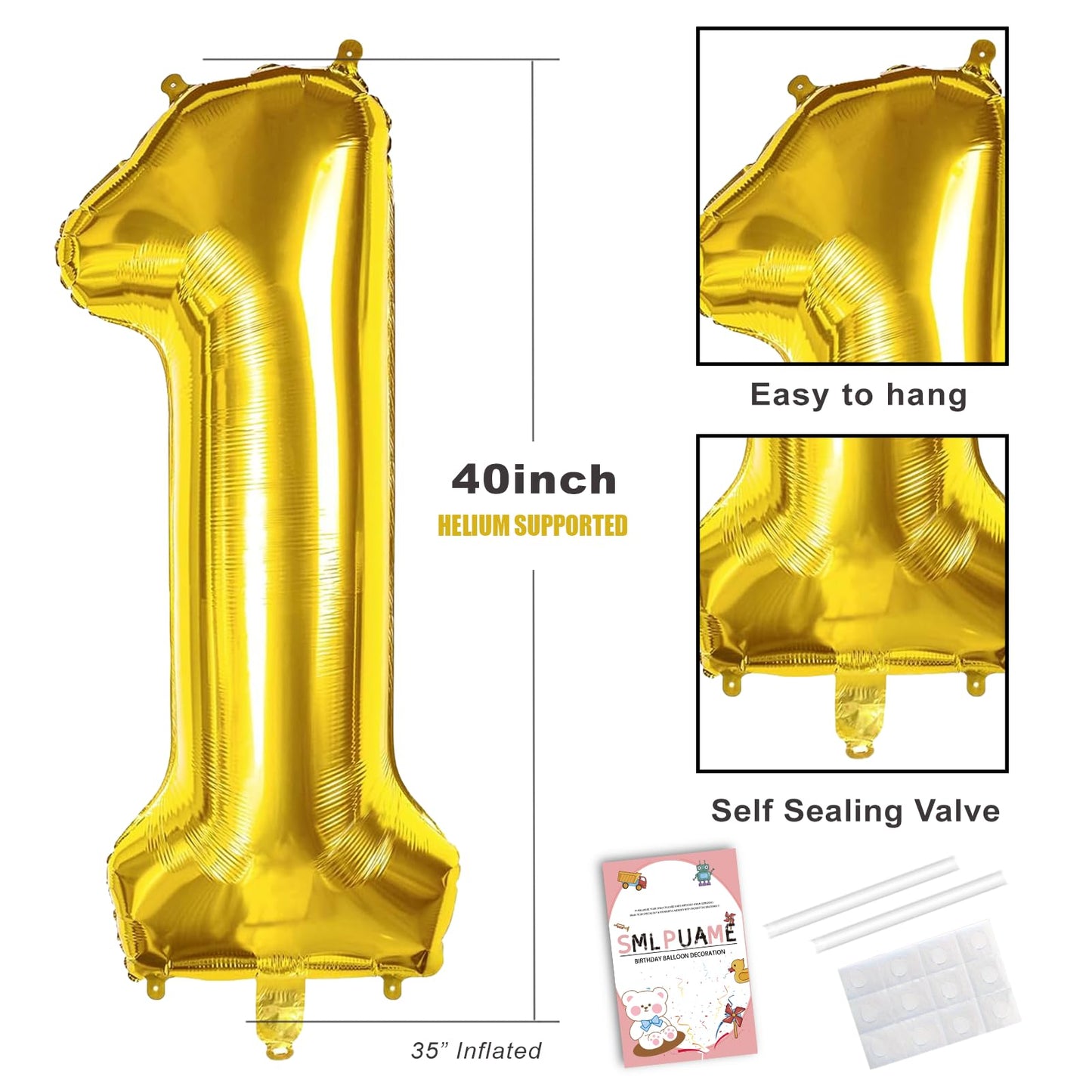 Smlpuame 40 Inch Gold Number 1 Balloon, 1st Birthday Decoration Boys Girls