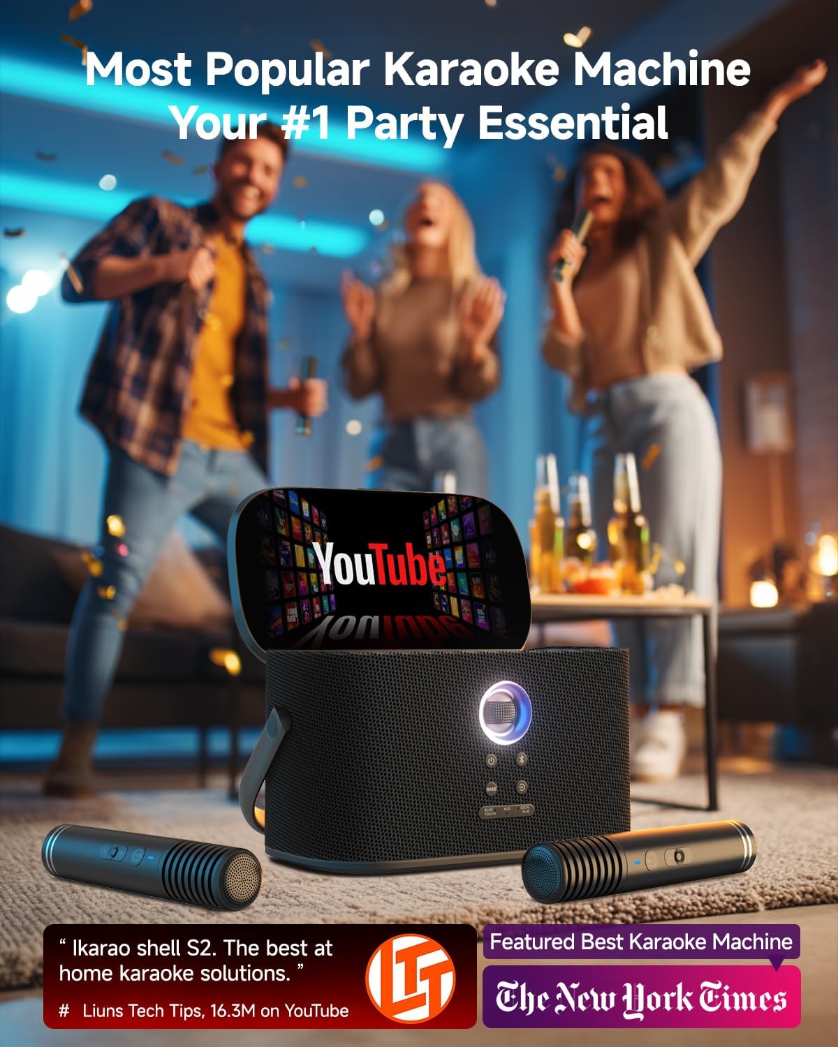 Ikarao Portable Karaoke Machine for Adults, Built-in Lyrics Display and Screen, 2 Self-Charging Wireless Microphones, Karaoke App, 140W Speaker, Connects to TV for Home Party Birthday Outdoor Camping