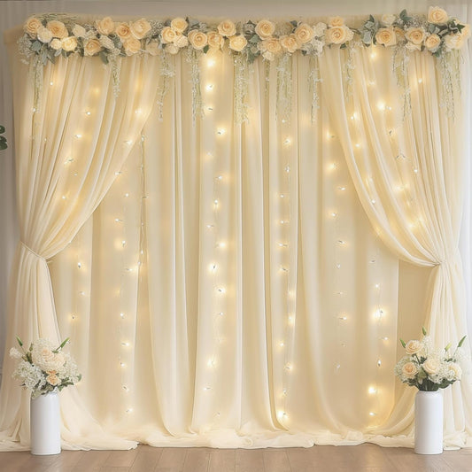 Light Champagne Backdrop Curtains with Lights String for Parties,10x10FT Wrinkle Free Wedding Photo Backdrop Curtains for Baby Shower Birthday Ceremony Reception Home Party Decorations-5ft x 10ft