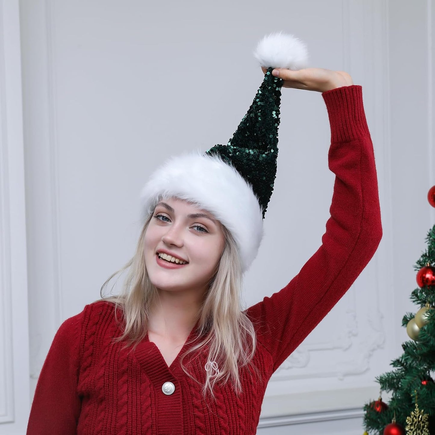 Personalized Sequin Santa Hat for Adults, Red Glitter Christmas Party Hat, Xmas Halloween New Year Holiday Headwear