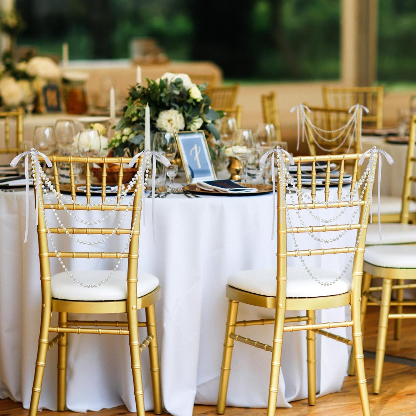 Wedding Pearl Bow Chair Decor Satin Ribbon Bows with Pearl Beaded String Garland Aisle Chair Sashes Decorations for Ceremony Coquette Party Banquet Decor