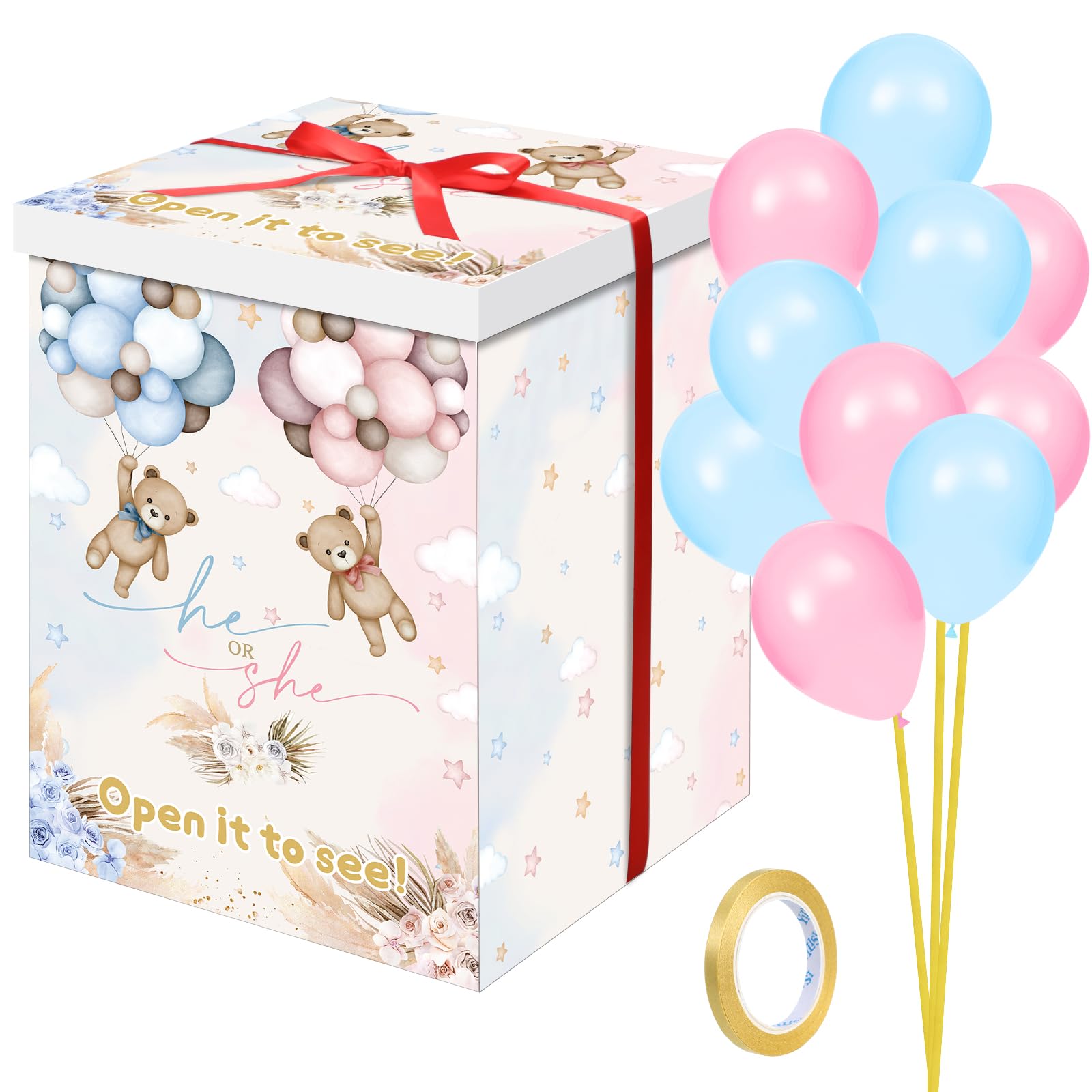 Hungdao Gender Reveal Balloon Box with Ribbon and 10 Pink and Blue Balloons Gender Reveal Games He