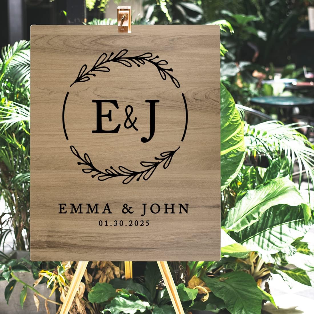 Andaz Press Large Wooden Welcome Sign for Wedding Rustic Welcome Sign 16" x 20" Custom Monogram & Date Laurel Wreath Wedding Signage English Oak MDF Wood Finish Wedding Reception Indoor Outdoor Signs