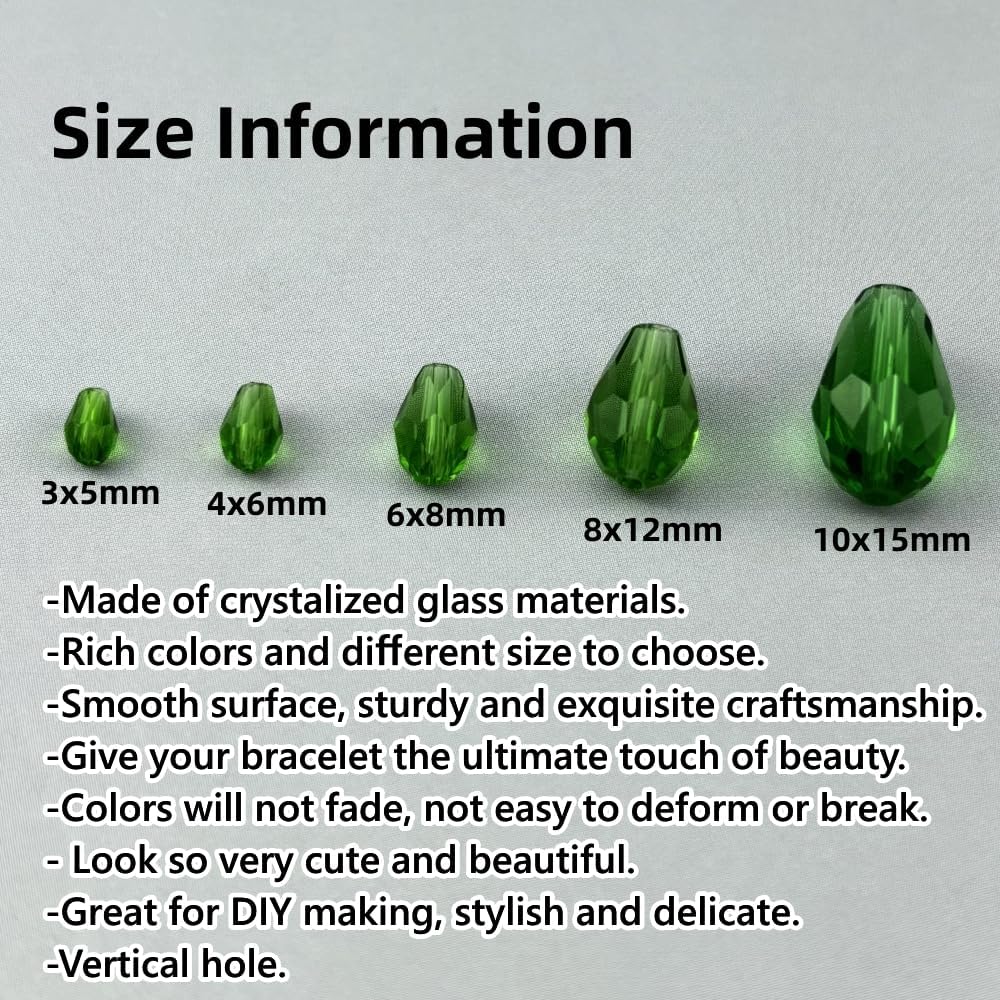 150pcs 4x6mm Teardrop Crystal Glass Beads for Jewelry Making, Faceted Vertical Hole Teardrop Glass Spacer Beads for Wind Chimes Bracelet Earring Necklace DIY Craft(Grass Green)