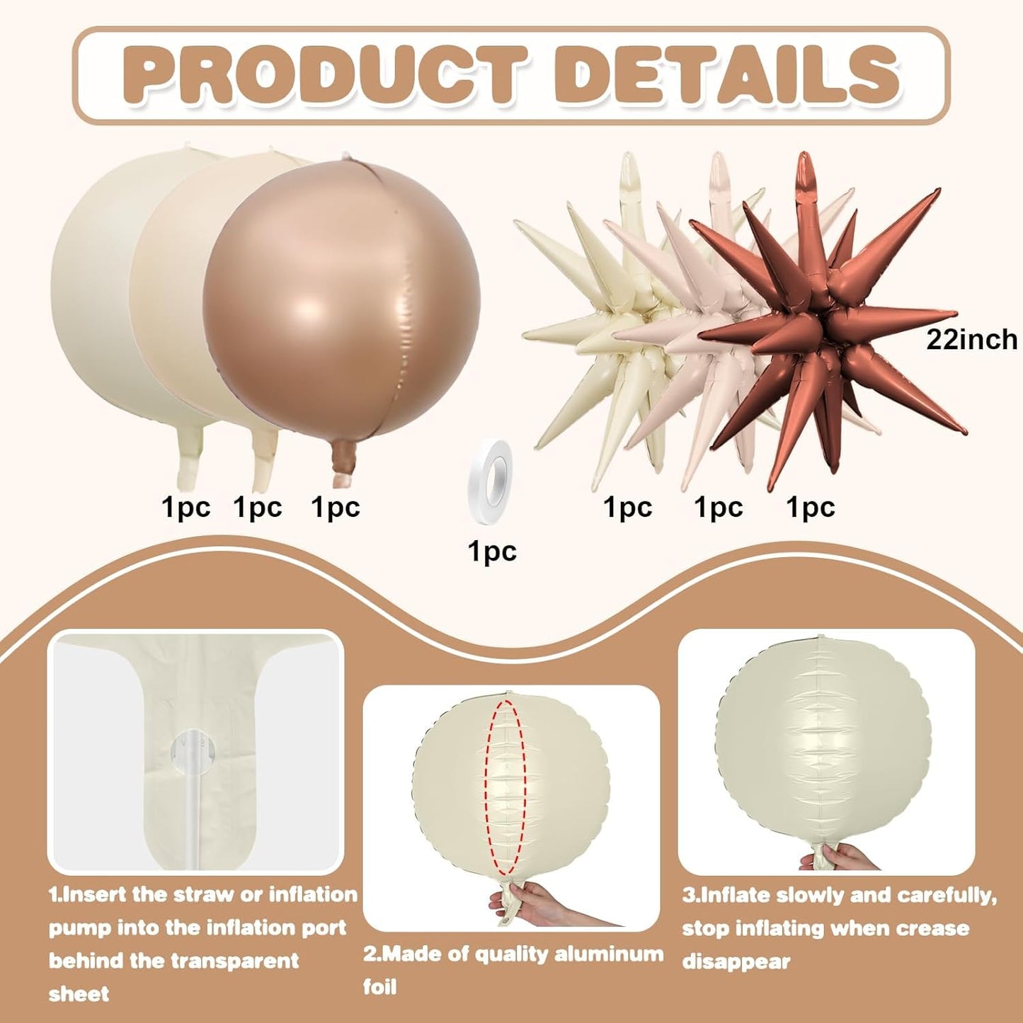 6Pcs Sand White Brown Foil Balloons,22Inch Cream Beige 4D Round Ball Balloon and Explosion Star Balloon for Birthday Wedding Baby Shower Anniversary Decorations