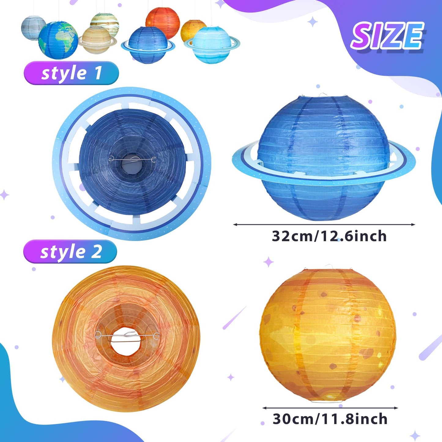 Fontien 8pcs Planet Paper Lanterns, 12 Inch Outer Space Party Decorations