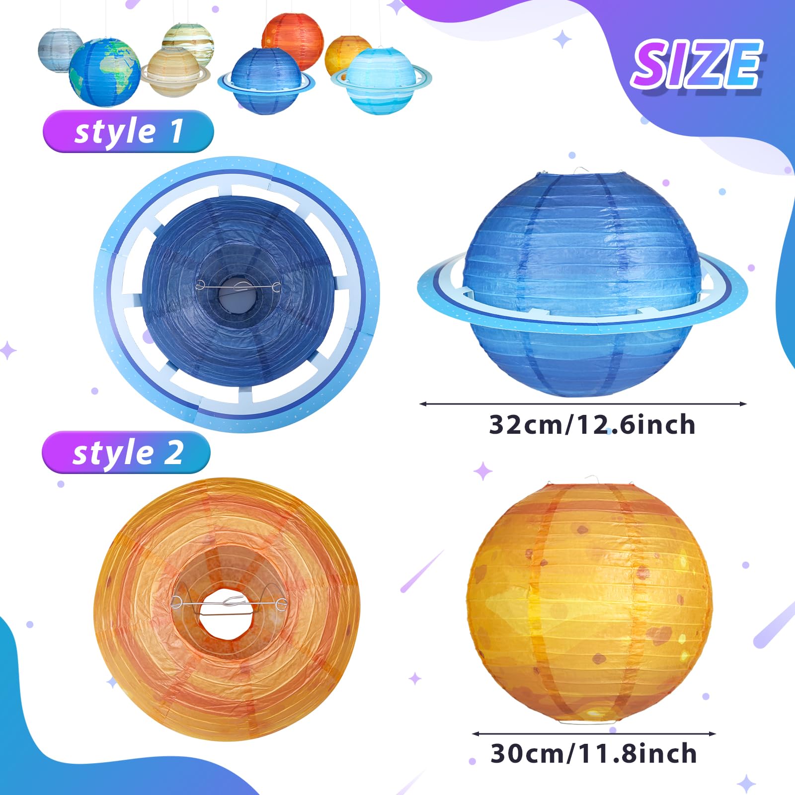 Fontien 8pcs Planet Paper Lanterns, 12 Inch Outer Space Party Decorations