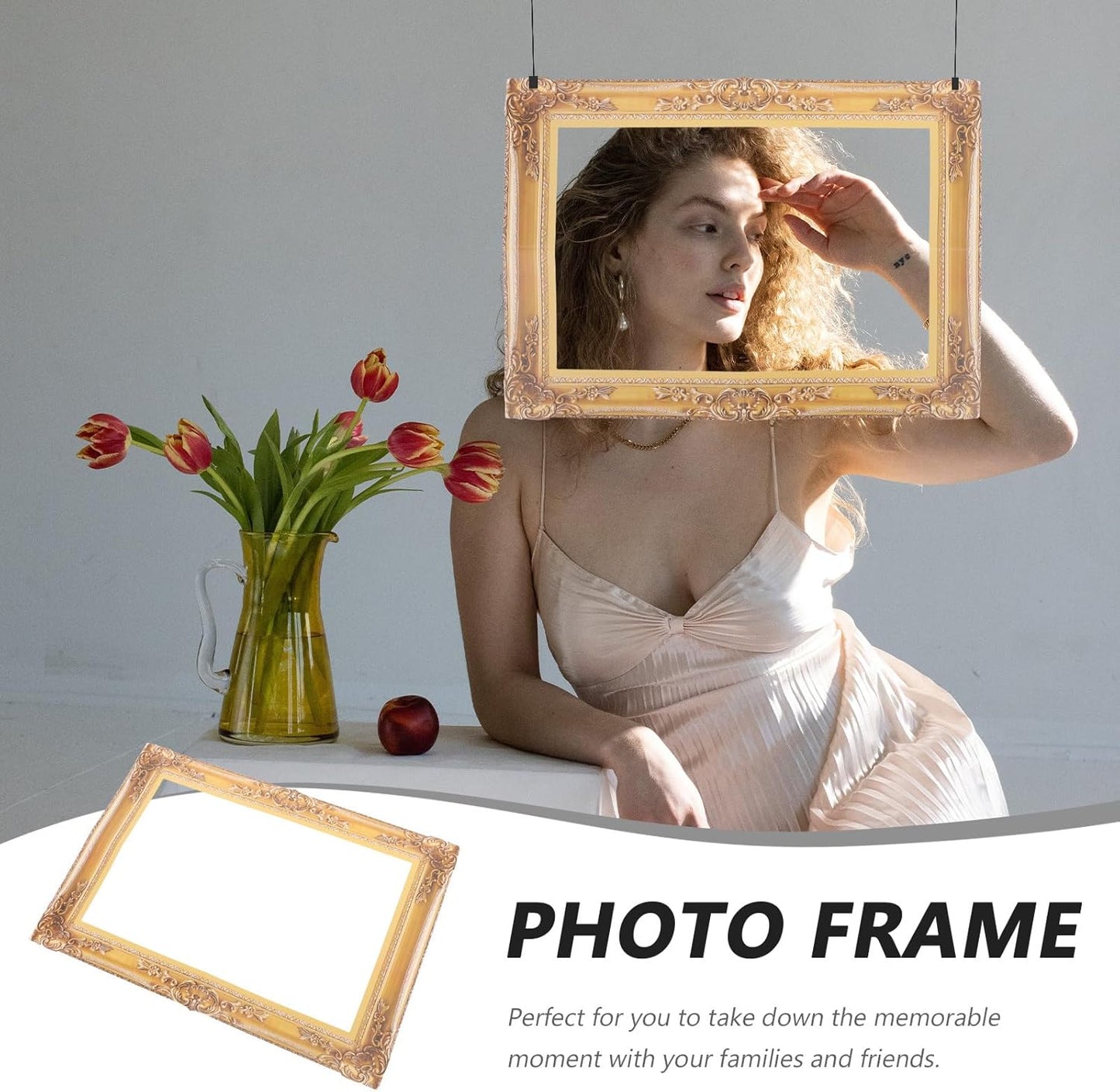 Vintage Decor Gold Photo Booth Frame Prop Antique Looking Cardboard Picture Frame Cutouts Graduation Photo Frame DIY Selfie Frame for Wedding Birthday Carnival Party Wedding Decor