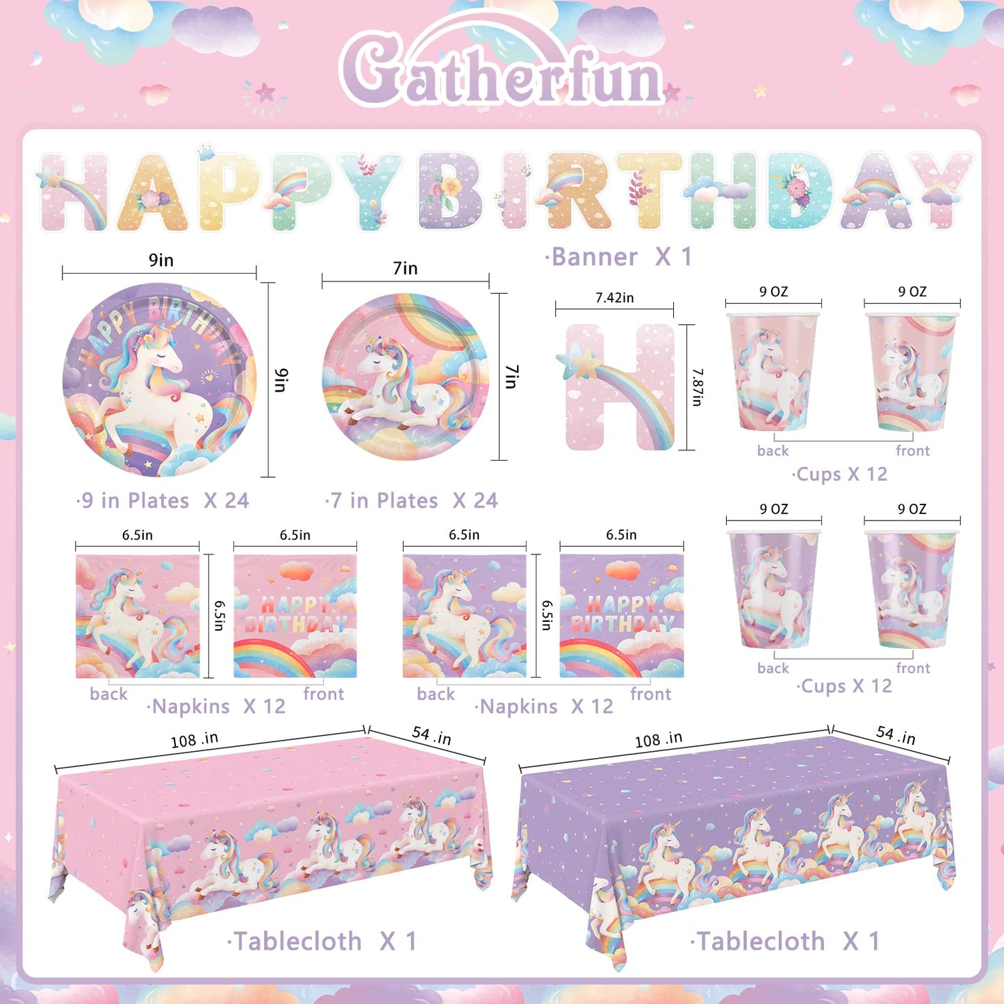 birthday Party Supplies Kit for 24 Guests - for Unicorn Birthday Decorations, Includes Dinner &