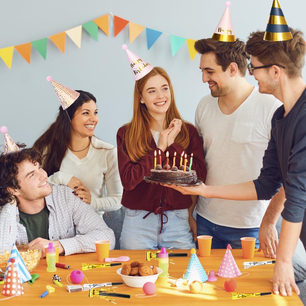 34 Pcs Birthday Party Hats - Gold Cone Hats Including 12 Paper Hats and 22 Noise Makers