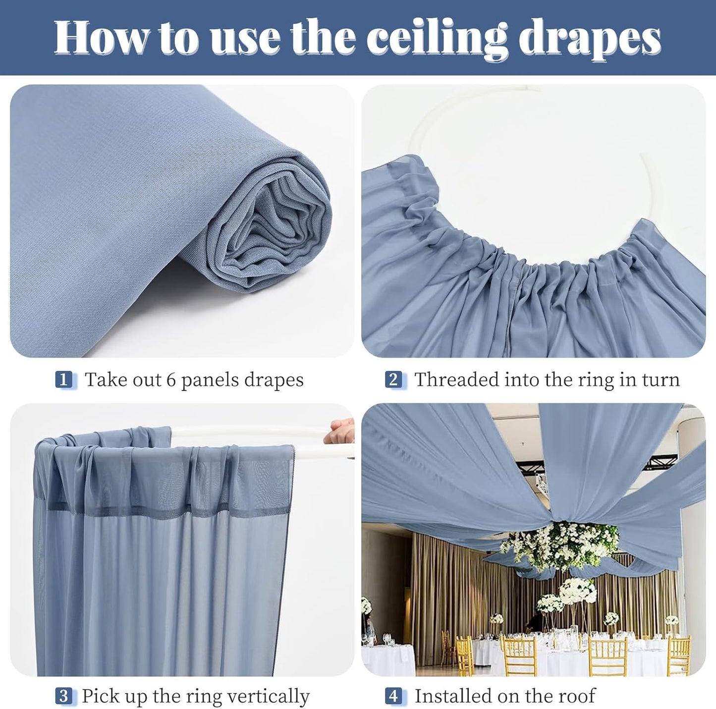 fani 6 Panels Dusty Blue Wedding Ceiling Drapes 5ftx30ft Ceiling Drapes Chiffon Fabric Arch Draping Sheer Curtains Soft Drapery Draping Wedding Ceiling Decorations for Party Ceremony Stage Swag