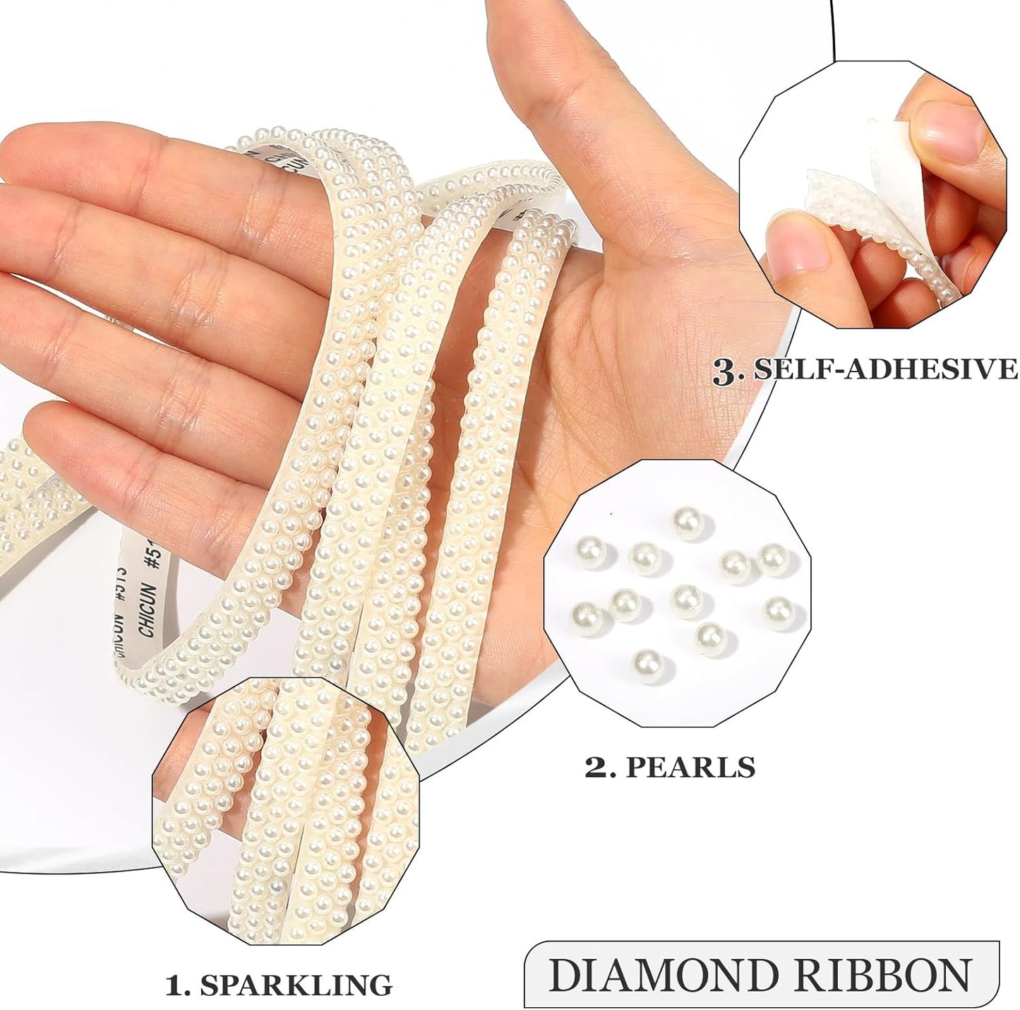 Off-White Pearls Ribbon 3 Yards Self Adhesive Pearls Strips Diamond Ribbon Sticker Crystal Roll Glitter Bling Rhinestones Tape for Crafting DIY Art Decoration (0.4 Inch)