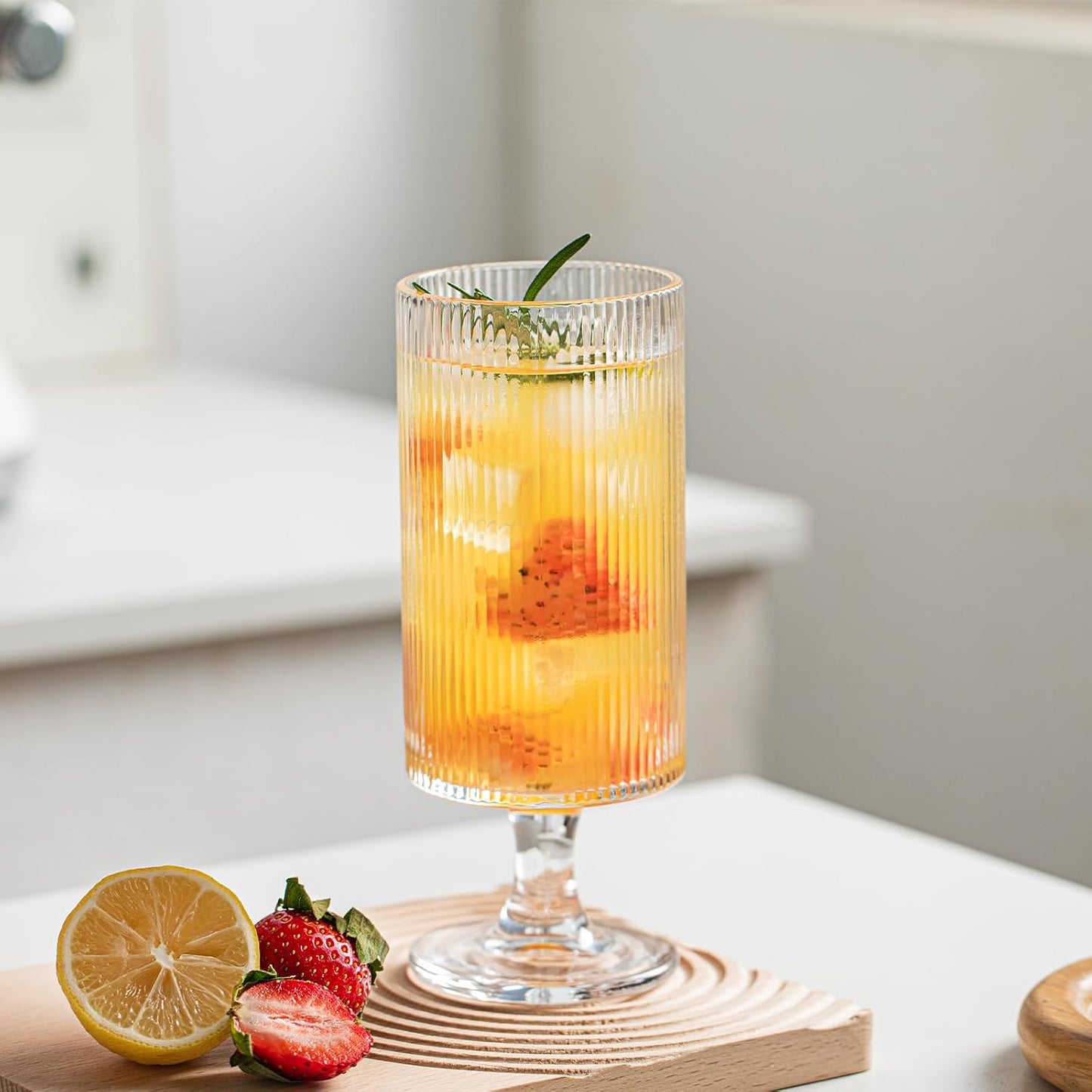 INSETLAN Set of 4 Ribbed Glass Goblets – 12oz Vertical Stripe Stemmed Glassware for Cocktails, Wine, and Beverages – Elegant Durable Glass Cups for Parties, Weddings, and Everyday Use