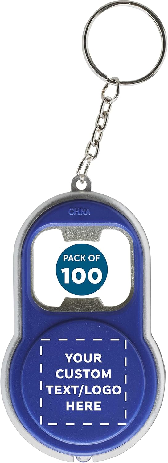 DISCOUNT PROMOS Custom Bottle Opener & LED Keychains Set of 50, Personalized Bulk Pack - Perfect for Tradeshows, Party Favors, Other Events - Blue