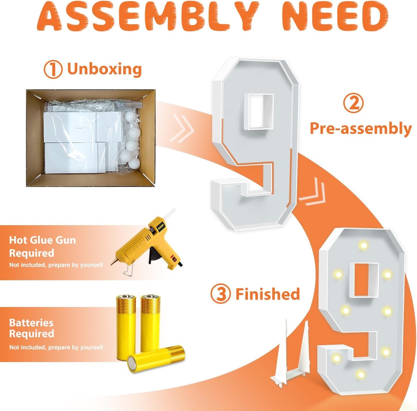 3ft Light Up Numbers, White Marquee Numbers Frame for 9th 19th 29th Boys Girls Birthday Party, Large Number for Decorations Anniversary Decor, DIY Pre-Cut Thick Foam Board Number 9