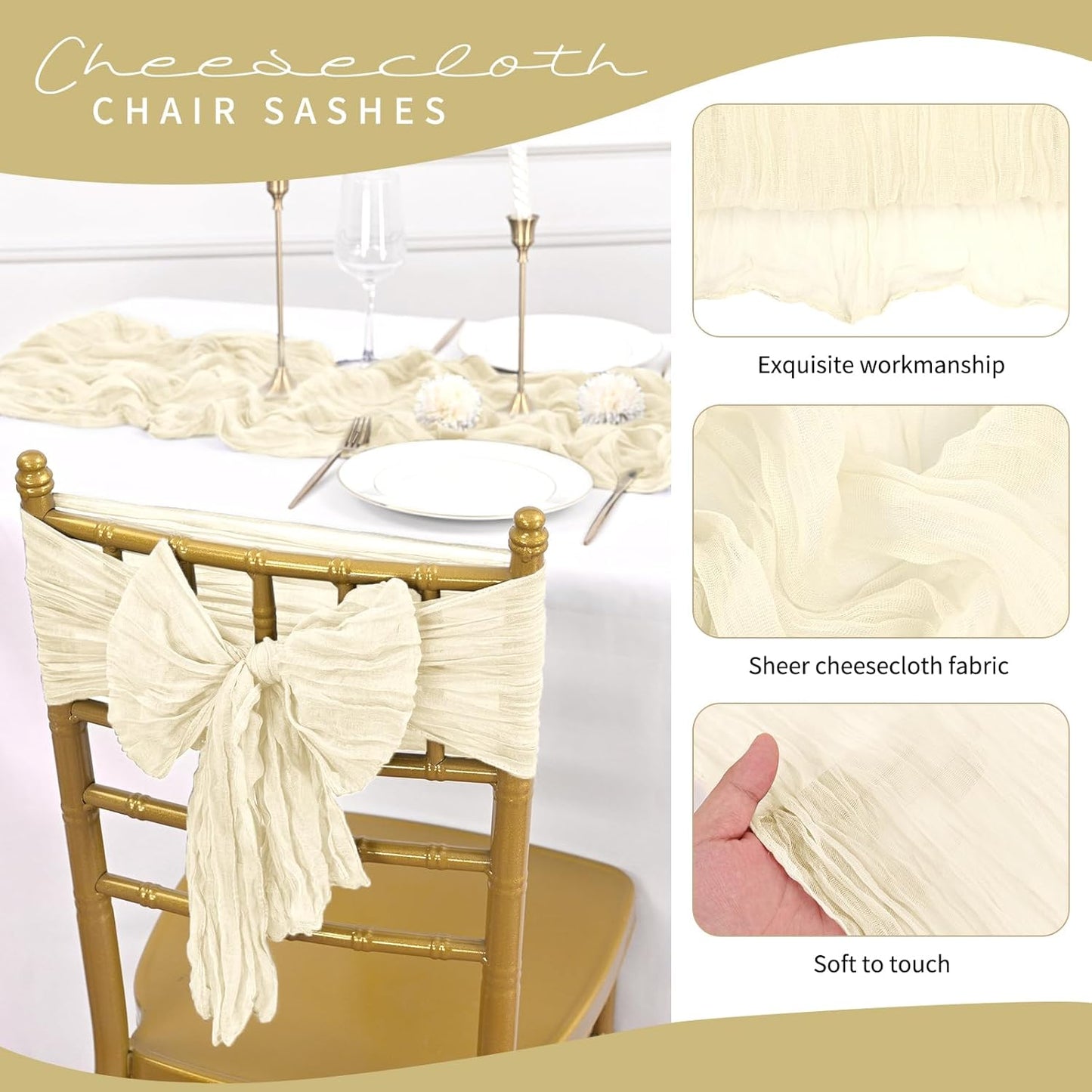 50 PCS Cheesecloth Chair Sashes, Bows Designed ChairSashes, 15.7x70 inch Chair Sashes for Aisle Decorations Universal Chairs Cover Decoration for Wedding Reception Party Banquet (Ivory)