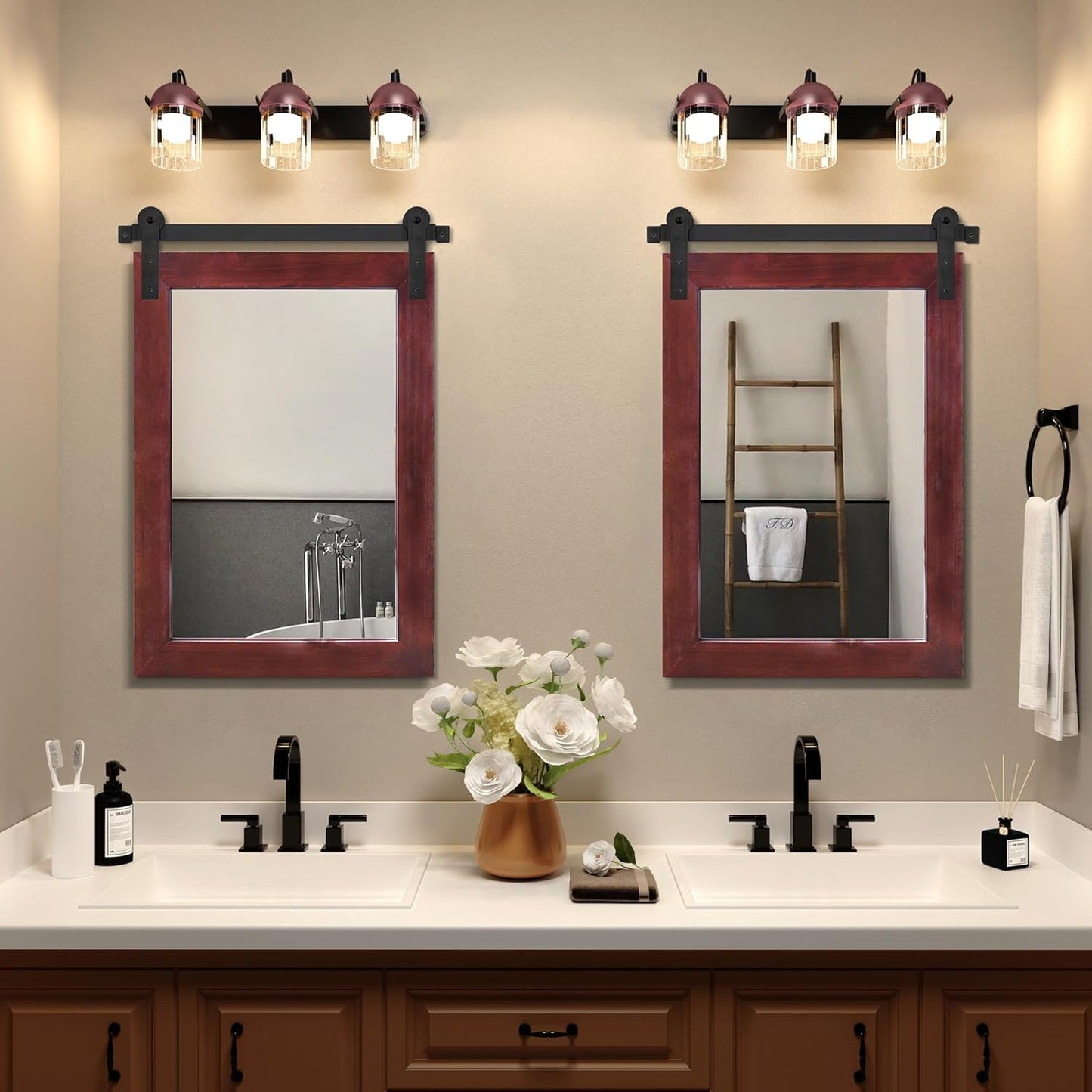 COGOOD Farmhouse Barn Door Mirror - 21 x 30 Rustic Wood Framed Wall Mirror for Bathroom, Living Room, Entryway Wall Decor (Espresso)