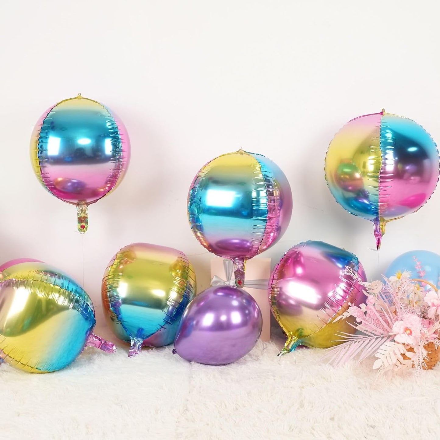 6Pcs Gradient Rainbow Round Foil Balloons,Giant 4D Round Ball Balloon 22 Inch for Wedding Birthday Engagement Gradient Party