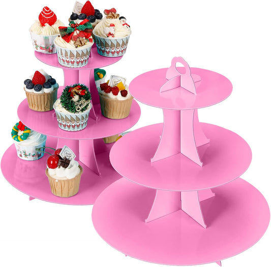 2Pcs 3-Tier Cupcake Stand, Cake Stand holder, Tiered DIY Cupcake Stand Tower for Dessert Table Displays, Birthday Theme Party Favors Decoration, Floral Tea Party, 12" W x 12.8" H, Pink