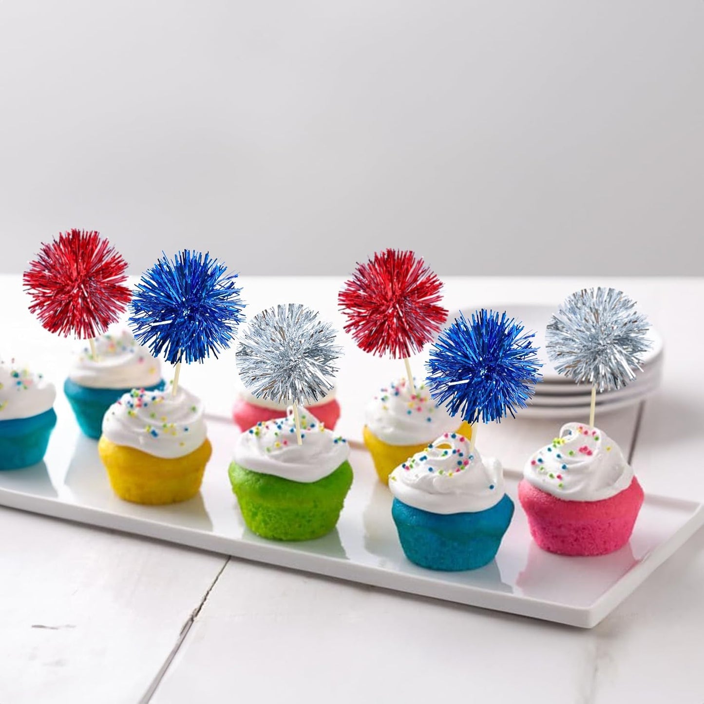 Gyufise 30Pcs Foil Firework Cupcake Toppers Sparkle Tinsel Cake Toppers Tinsel Drink Cake Decoration Cocktail Picks for Birthday Wedding Graduation Party Supplies Silver Dark Blue Red
