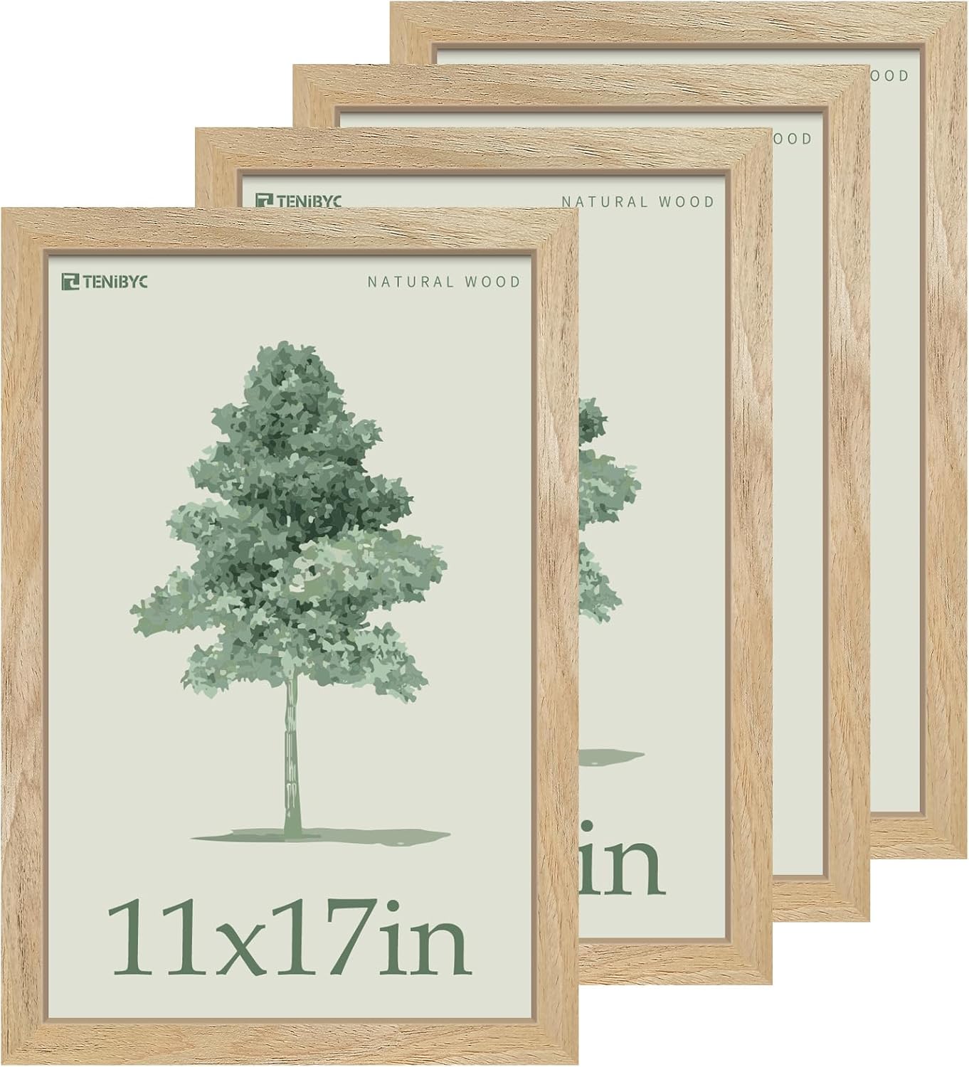 11x17 Picture Frame 4 Pack, Natural Solid Wood Poster Frame with HD Tempered Glass, Elegant Wood Grain, Wall Hanging