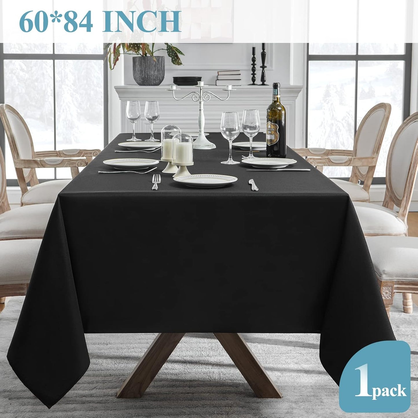 VidaFete 60*84inch Rectangle Tablecloth Polyester Table Cloth，Stain Resistant and Wrinkle Polyester Dining Table Cover for Kitchen Dinning Party Wedding Rectangular Tabletop Buffet Decoration(Black)