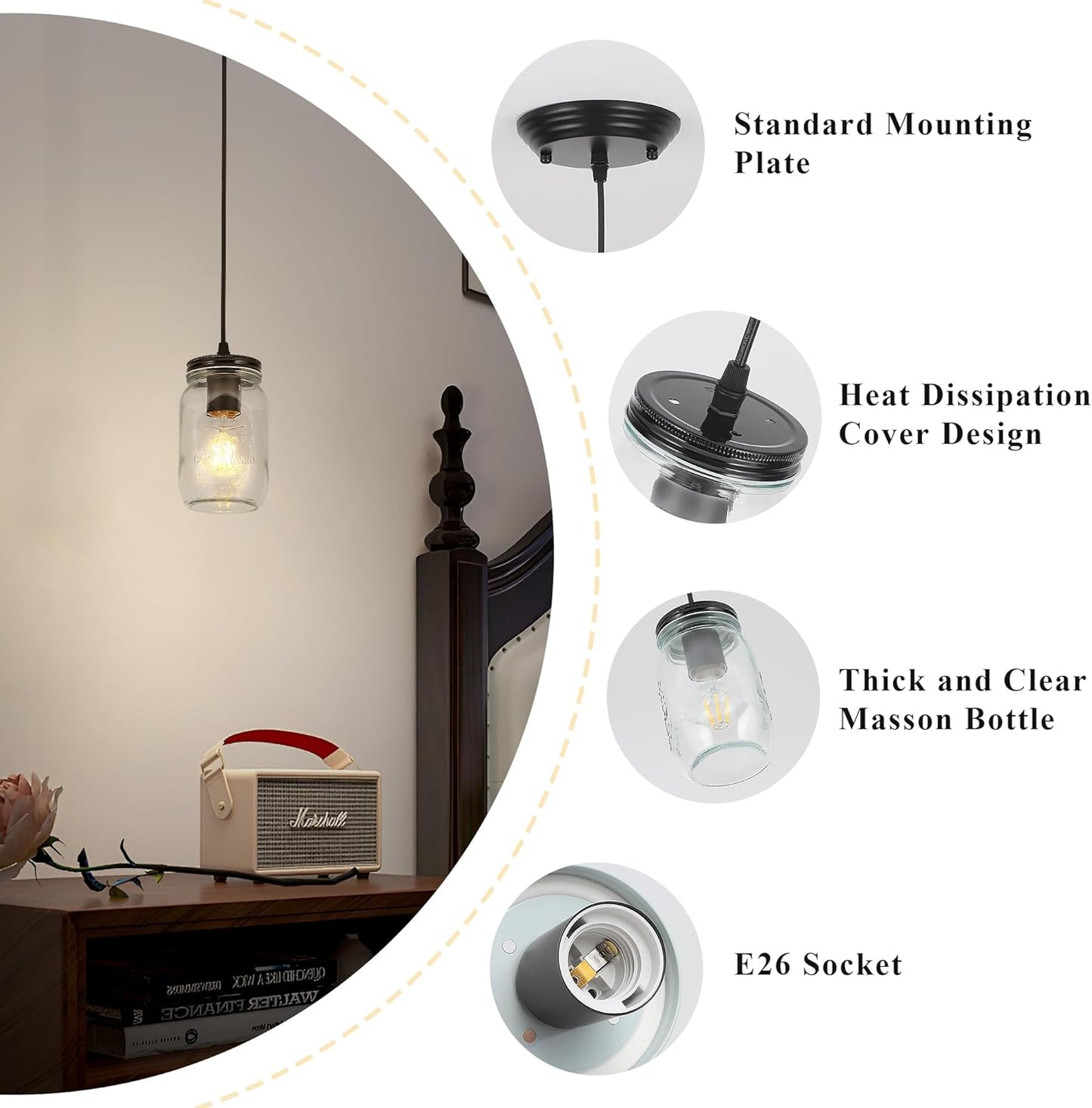 Black Pendant Lights, 2 Pack Clear Glass Pendant Lights Kitchen Island, Farmhouse Mason Jar Pendant Lighting, Mini Hanging Lights for Kitchen Sink Dining Room Bedroom Hallway