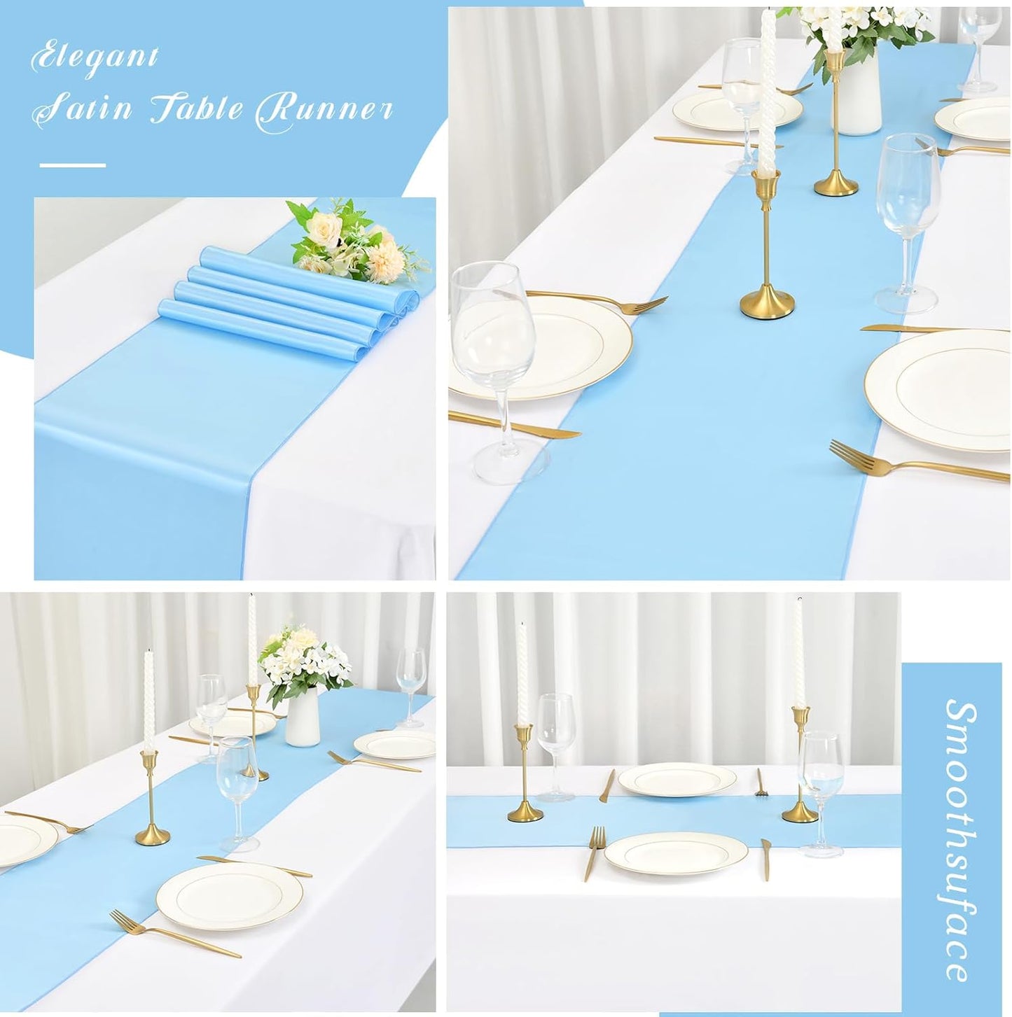 12 Pack Light Blue Satin Table Runner,12 x 108 inch Long Premium Smooth Table Runner for Wedding, Banquets, Birthday, Party, Graduation, Engagements,Table Runners fit Rectangle and Round Table