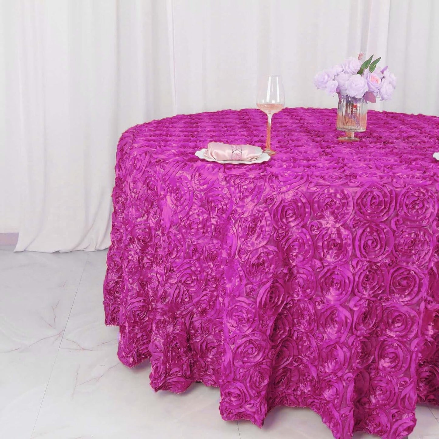 Efavormart 120" Wholesale Round Table Cover Fushia Grandiose Rosette 3D Satin Tablecloth for Wedding Party Event Decoration