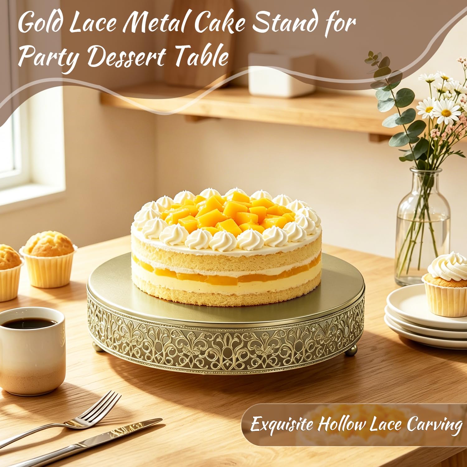 FEICTPOX 12 Inch Luxury Light Gold Cake Stand, Round Metal Dessert Display with Ornate Filigree