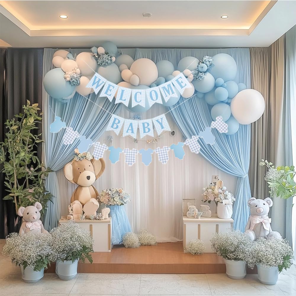 Baby Boy Baby Shower Banner, 2 PCS Pre-strung Blue Gingham Welcome Baby and Body Cloth Banner for