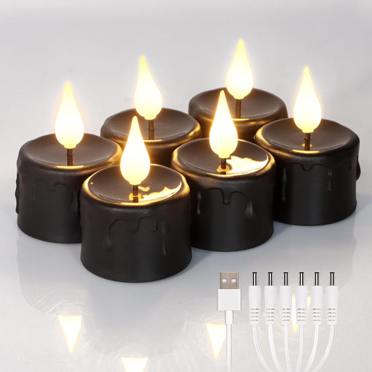 FREEPOWER Black Tea Lights Candles (NO Remote),Rechargeable Flameless Candles with 6 Hour Timer,LED Tealight Candles,Flameless Tealights Flickering Realistic for Halloween Decorations,Set of 6