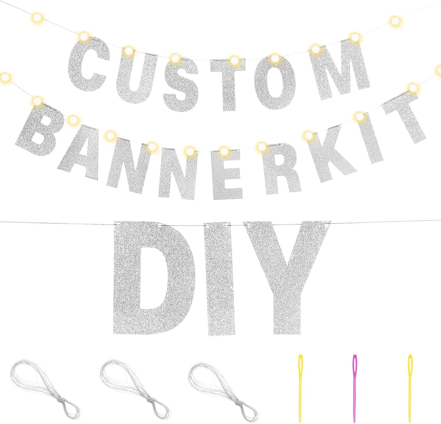 TaoBary 112 Pcs DIY Letter Custom Banner Glitter Customizable Banner Kit Including 107 Letters and Numbers 3 Rope for Valentine Birthday Party(Silver)