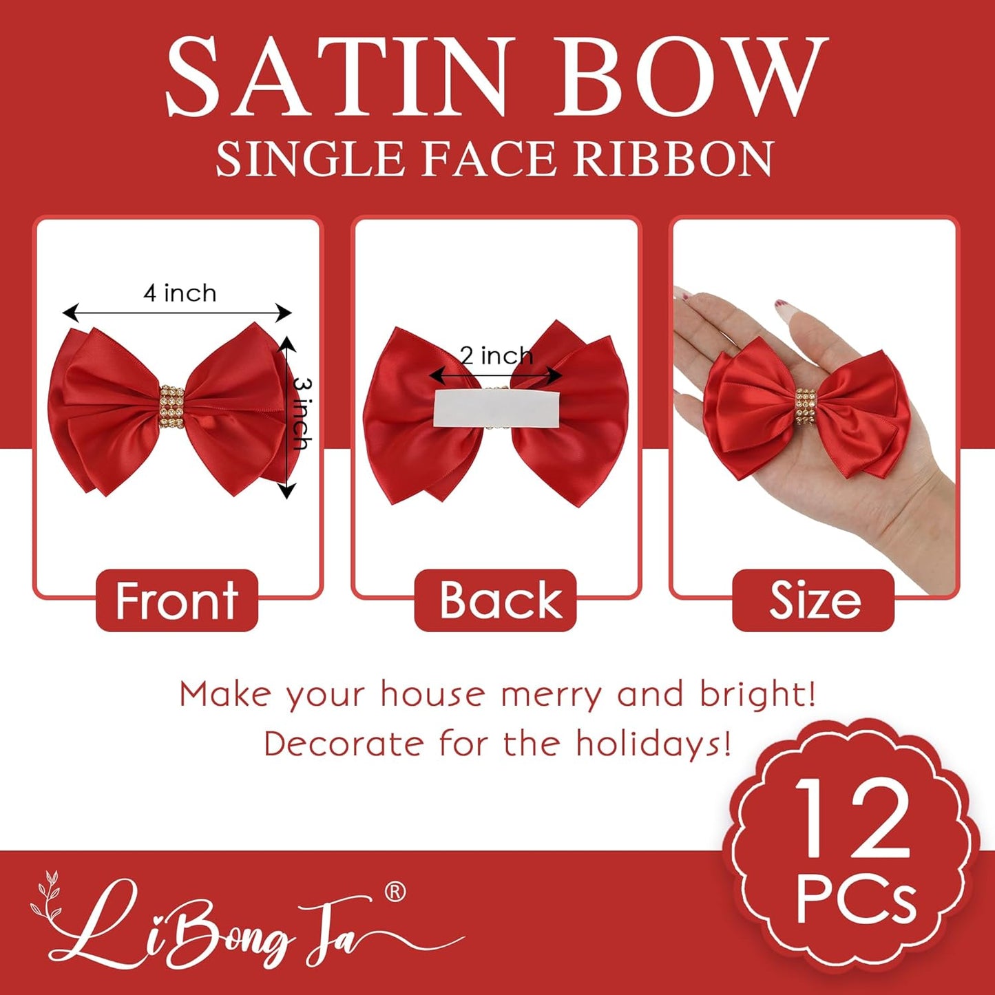 Red Bows 4'' Premade Satin Ribbon Bow, Red Gift Bows with Rhinestone, Wrapping Bows for Presents, Greeting Cards, Treat Bags, Wine Bottles, Valentines Bows for Gift Wrapping-12 Counts