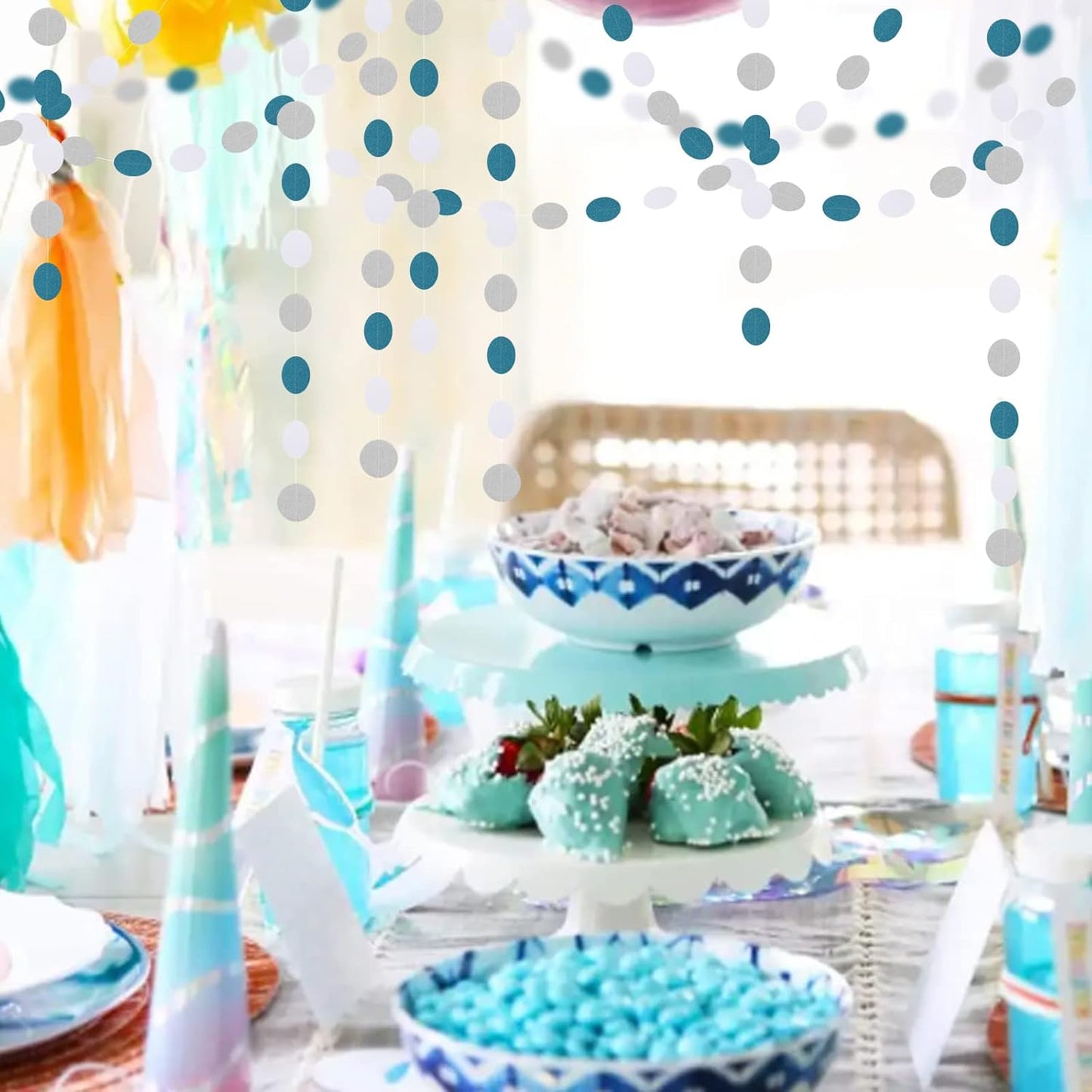 Teal-Turquoise White-Silver Party-Decorations Garland Streamers - 52Ft Woman Girl Frozen Birthday Paper Banner,Graduation Wedding Bachelorette Engagement Bridal Baby Shower Backdrop Decor Panduola