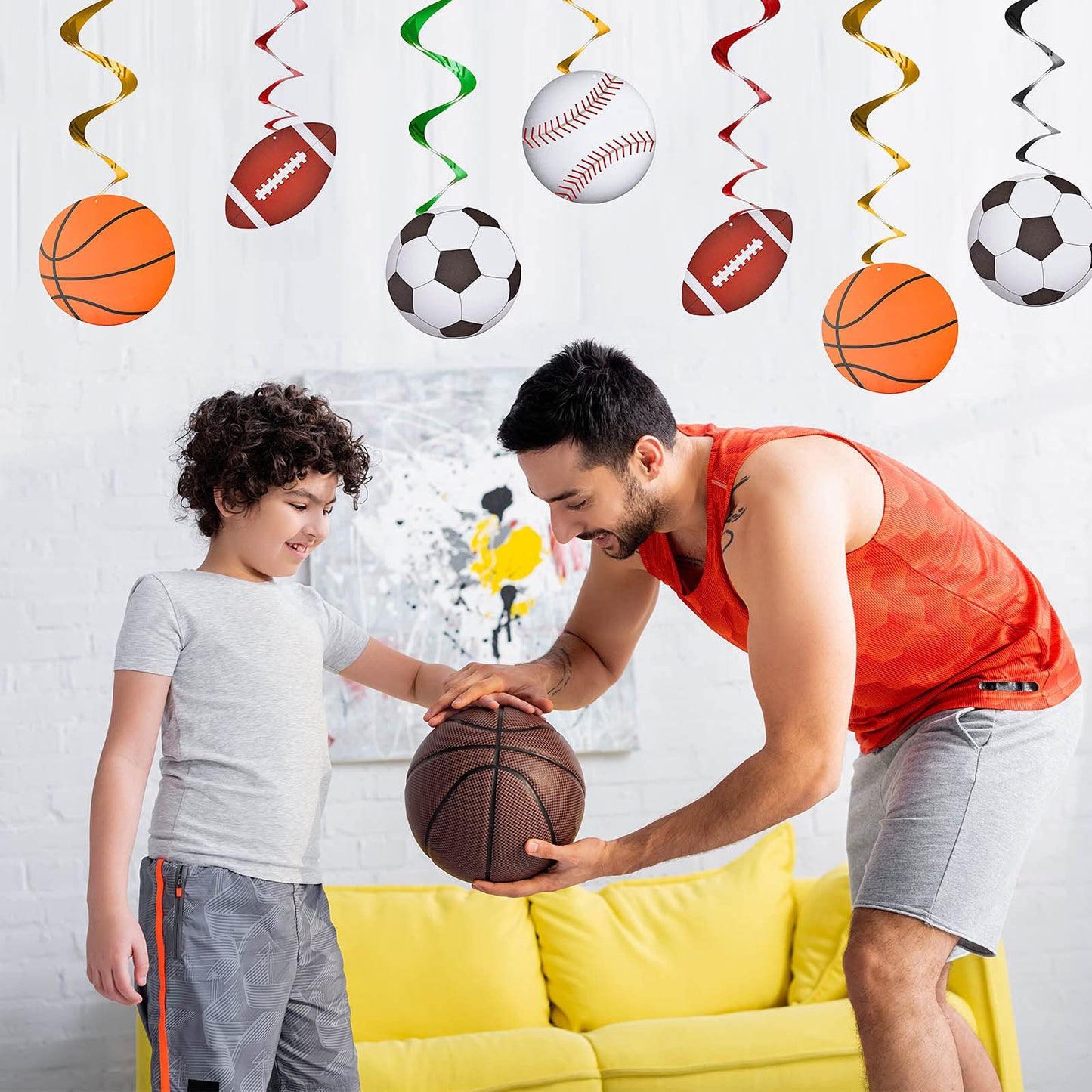 48 Pieces Sports Hanging Swirl Decorations Baseball Basketball Football Soccer Hanging Whirls