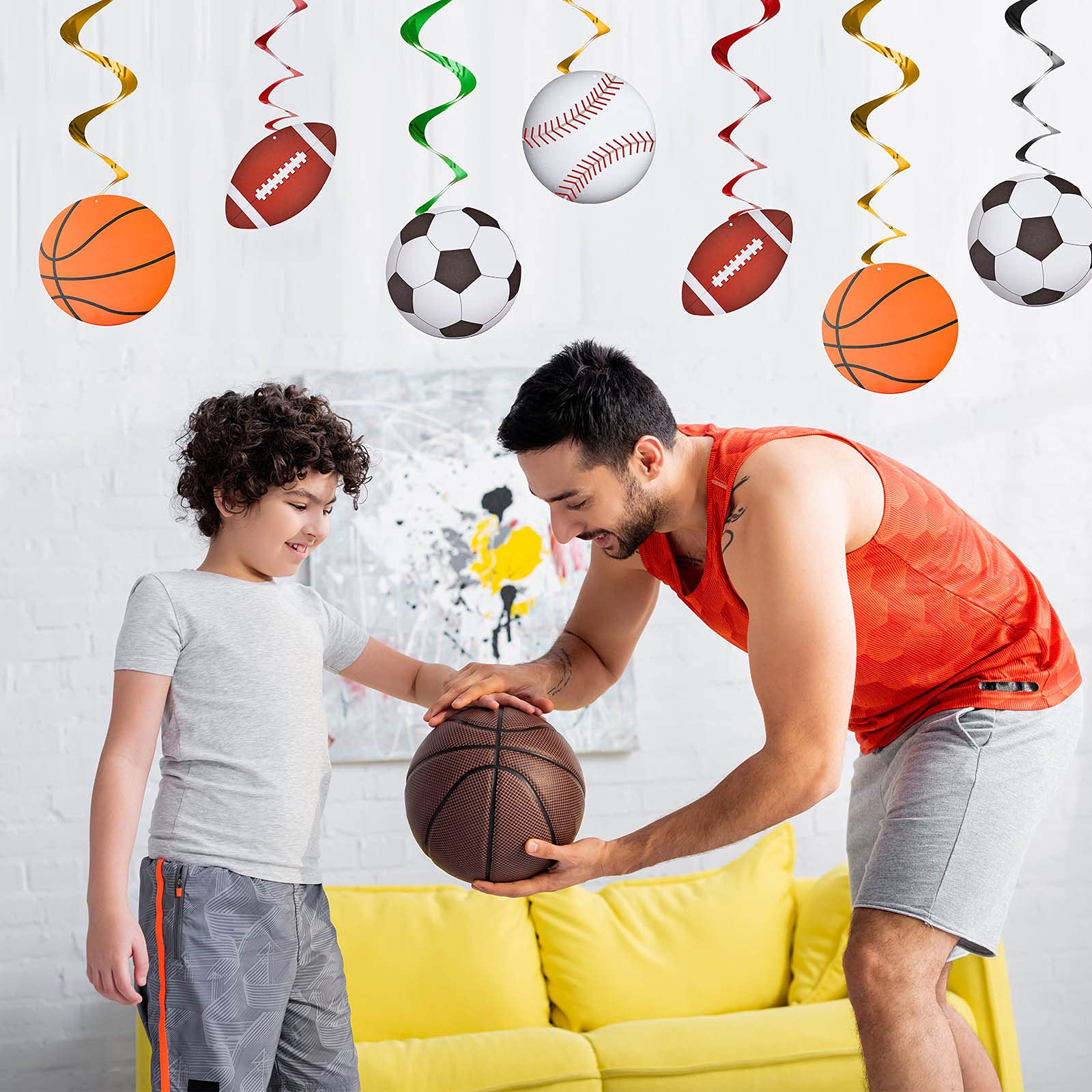 48 Pieces Sports Hanging Swirl Decorations Baseball Basketball Football Soccer Hanging Whirls